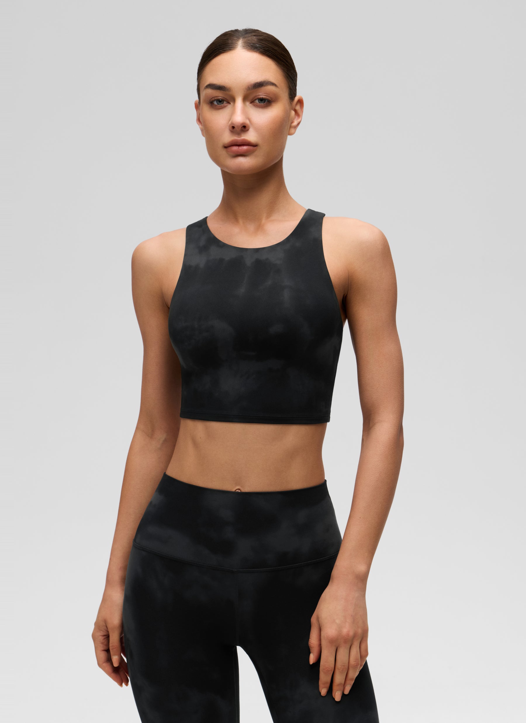 CRZ YOGA  Women's Yoga Low Support Butterluxe Tank High Neck Racerback Black Tie Dye Flowers