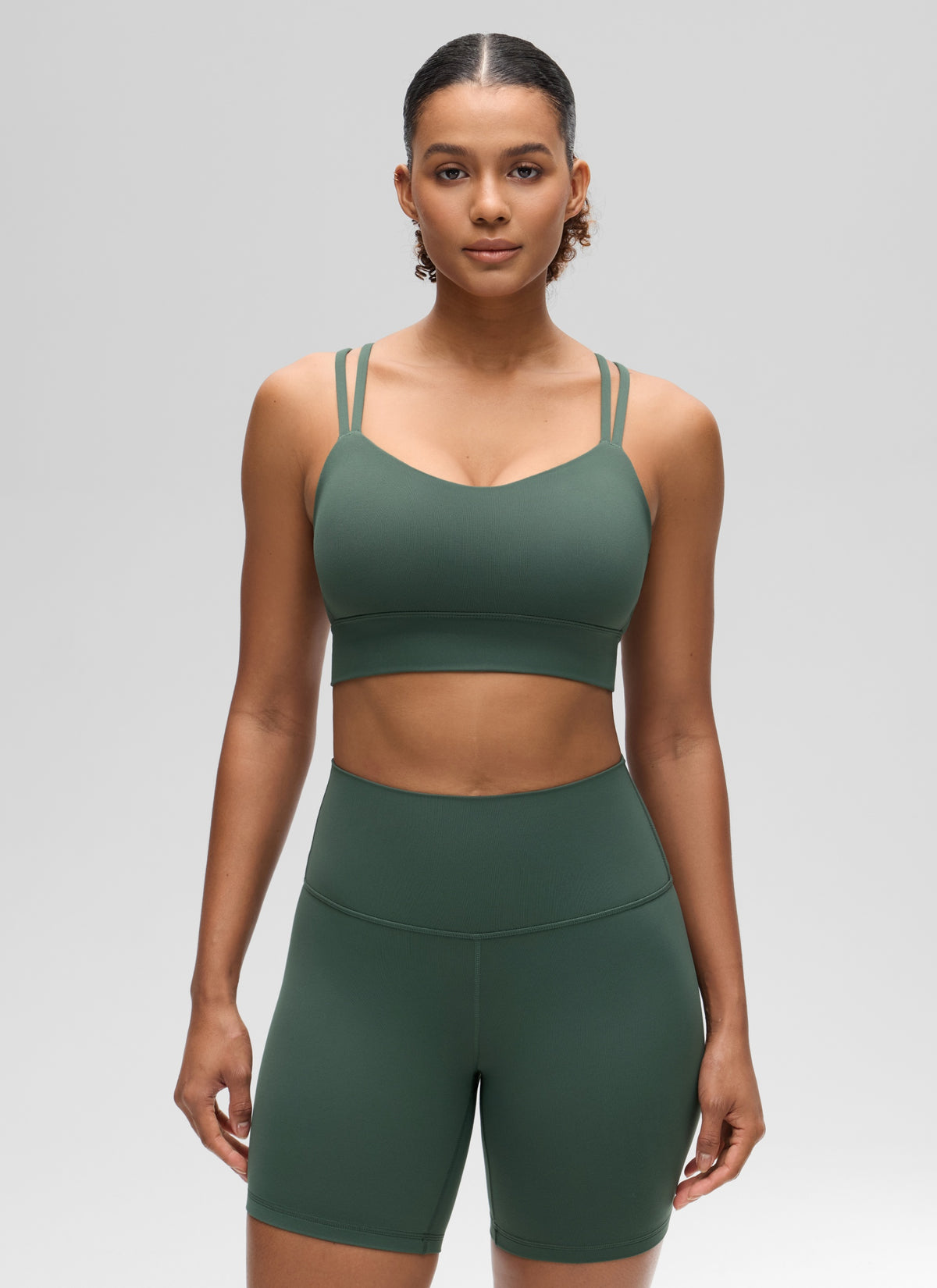 CRZ YOGA Womens Butterluxe Strappy Longline Criss Cross Molded Cup Bra Dark Forest Green @model_info:Barbara