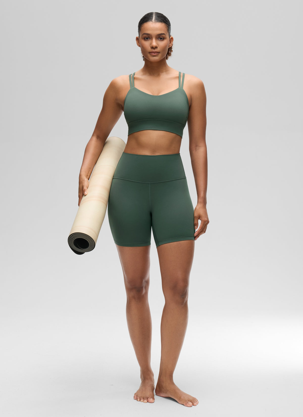 CRZ YOGA Womens Butterluxe Strappy Longline Criss Cross Molded Cup Bra Dark Forest Green @model_info:Barbara