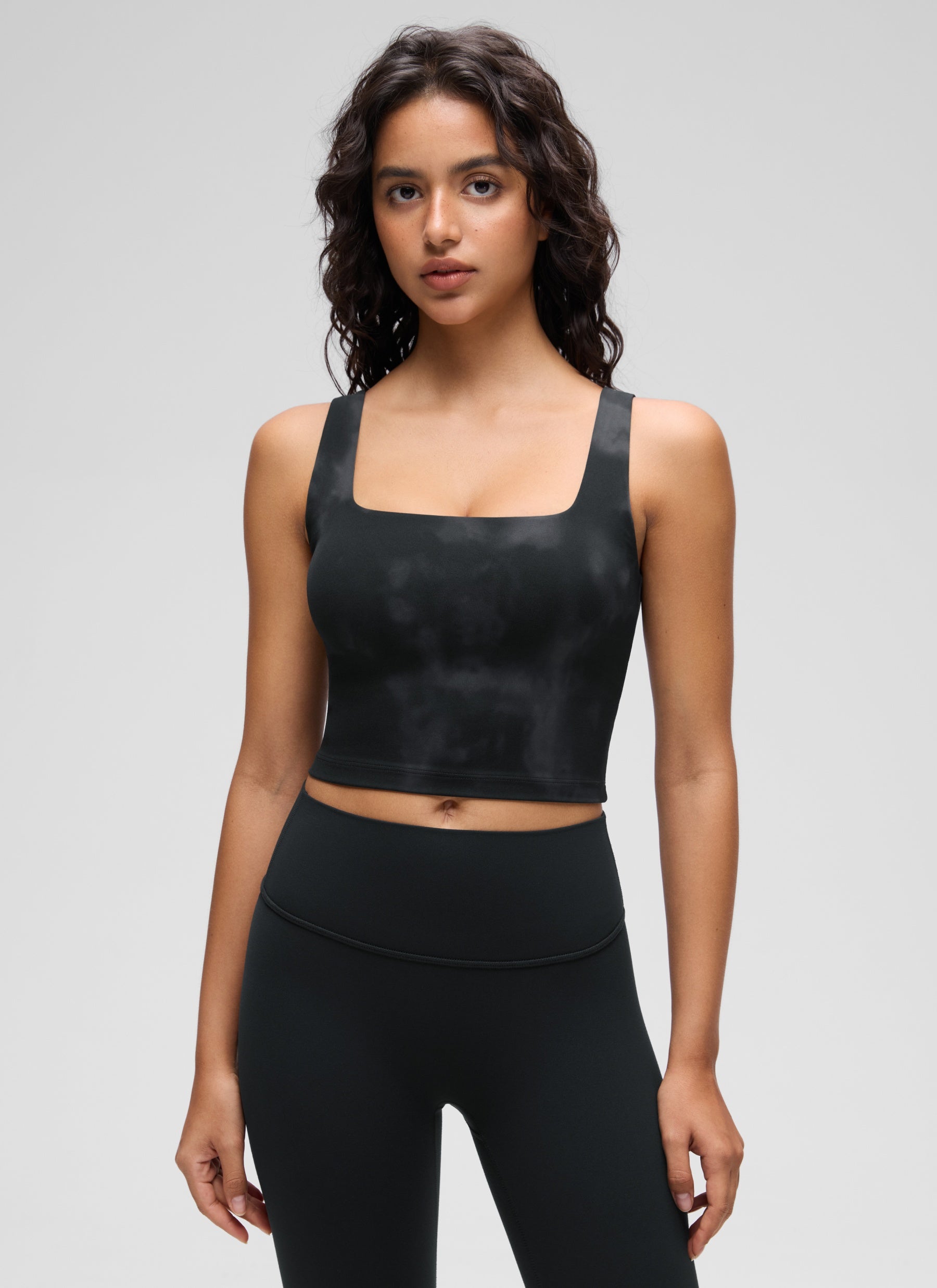 CRZ YOGA Women's Yoga Low Impact Butterluxe Longline Bra Square Neck Black Tie Dye Flowers