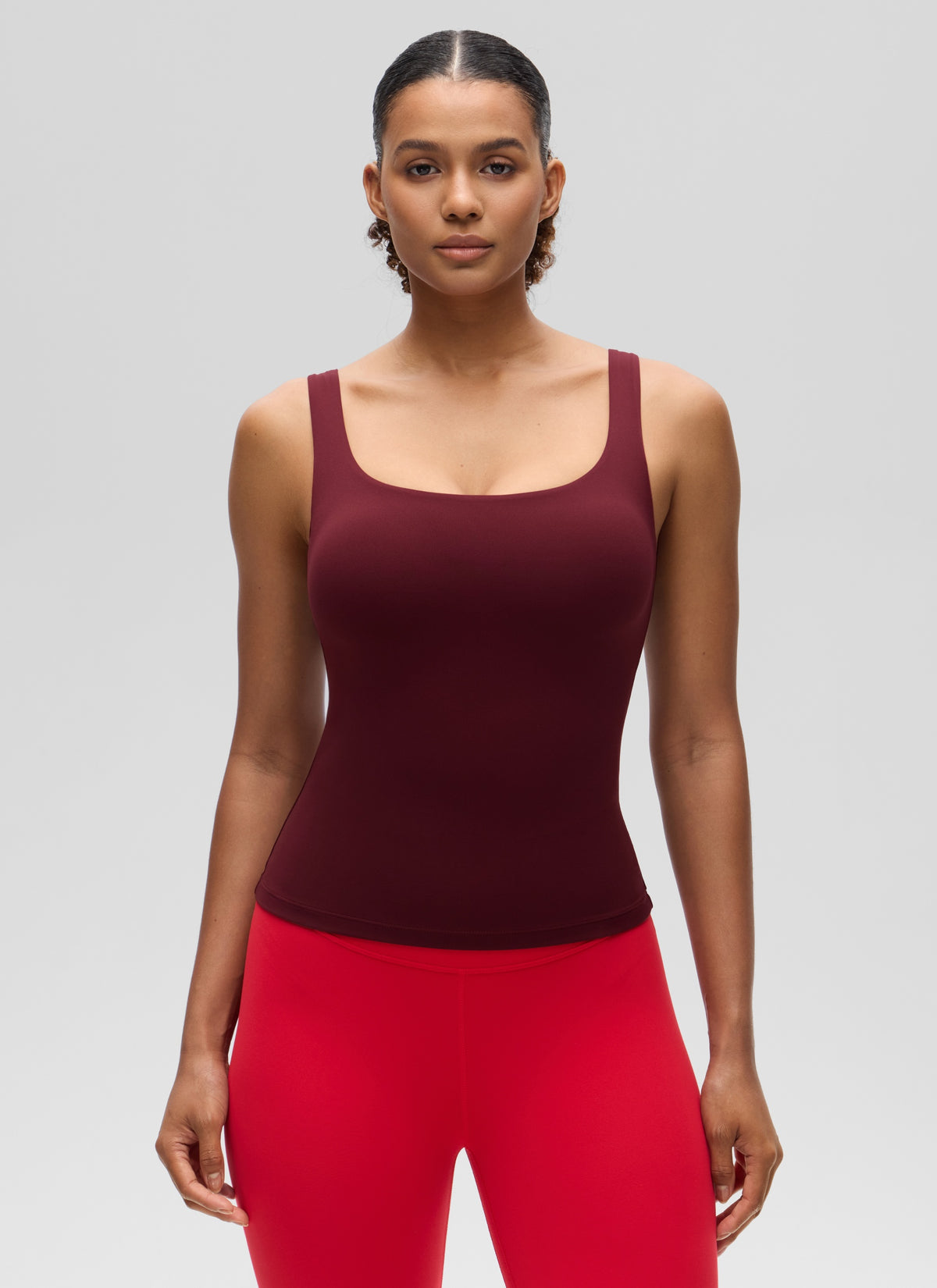 CRZ YOGA Women's SlimFit Tops Butterluxe Built-in Bra U Neck Tanks Red Merlot @model_info:Barbara
