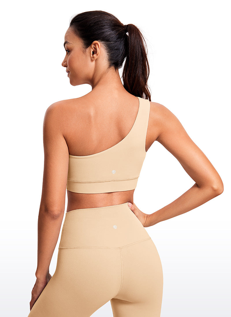 CRZ YOGA Butterluxe حمالة صدر رياضية نسائية بكتف واحد، غير متماثلة، مبطنة، بلون تان ميلك شيك