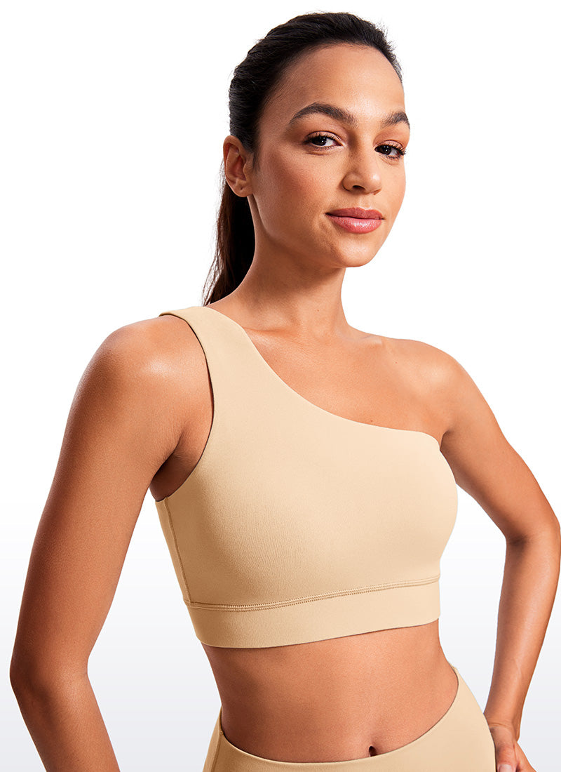 CRZ YOGA Butterluxe حمالة صدر رياضية نسائية بكتف واحد، غير متماثلة، مبطنة، بلون تان ميلك شيك