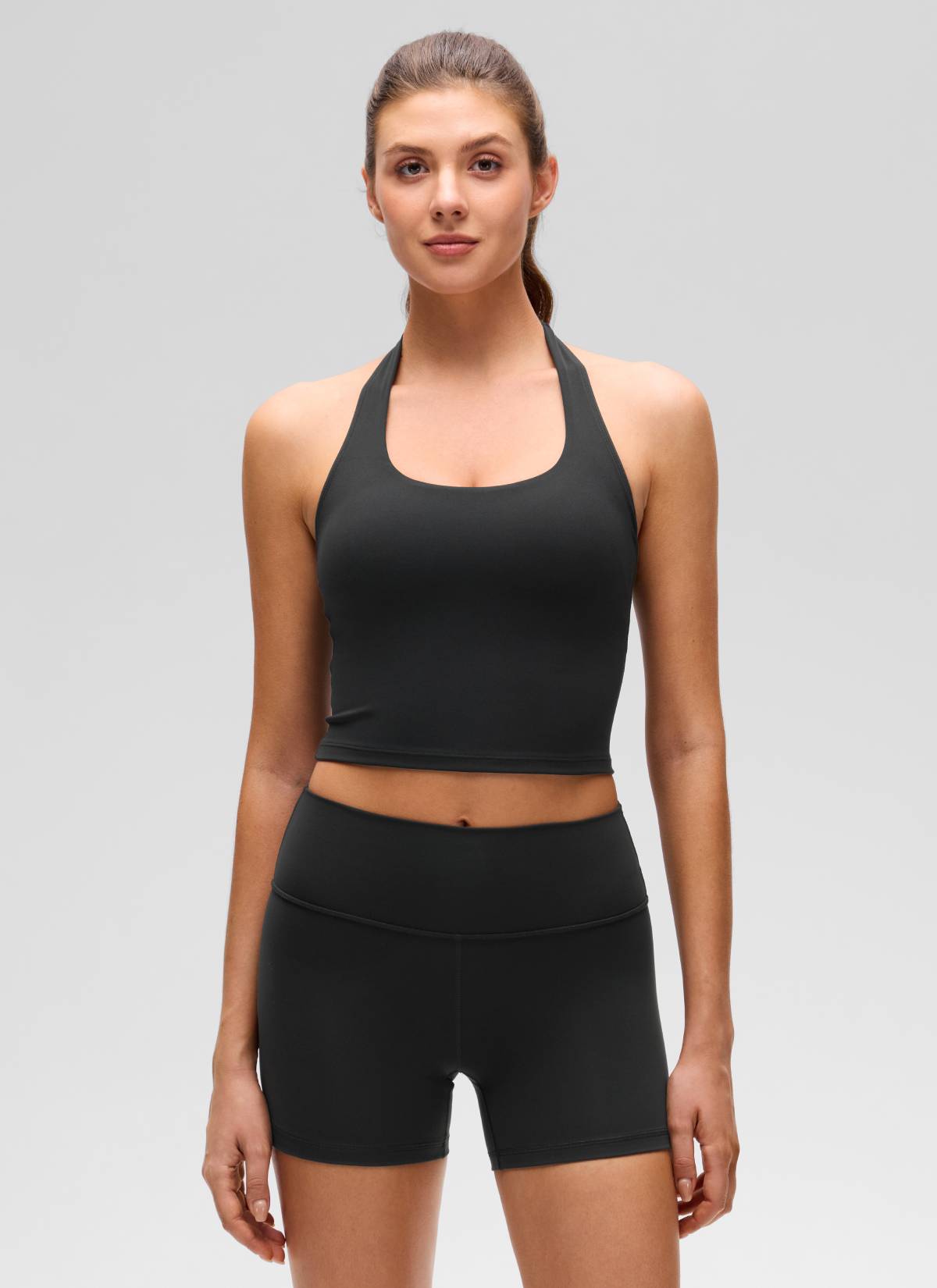 CRZ YOGA Womens Butterluxe Halter Longline Sports Bra Crop Tank Tops Black @model_info:Gelya