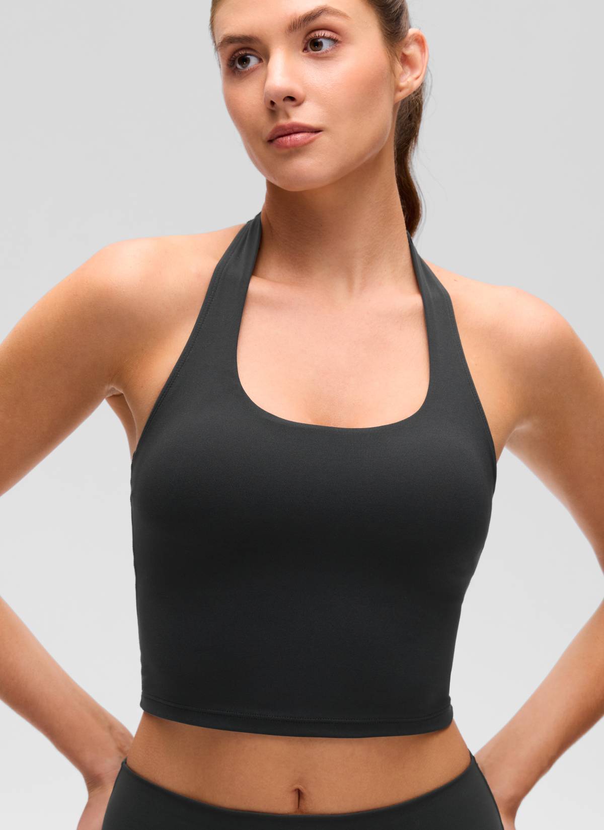 CRZ YOGA Womens Butterluxe Halter Longline Sports Bra Crop Tank Tops Black @model_info:Gelya