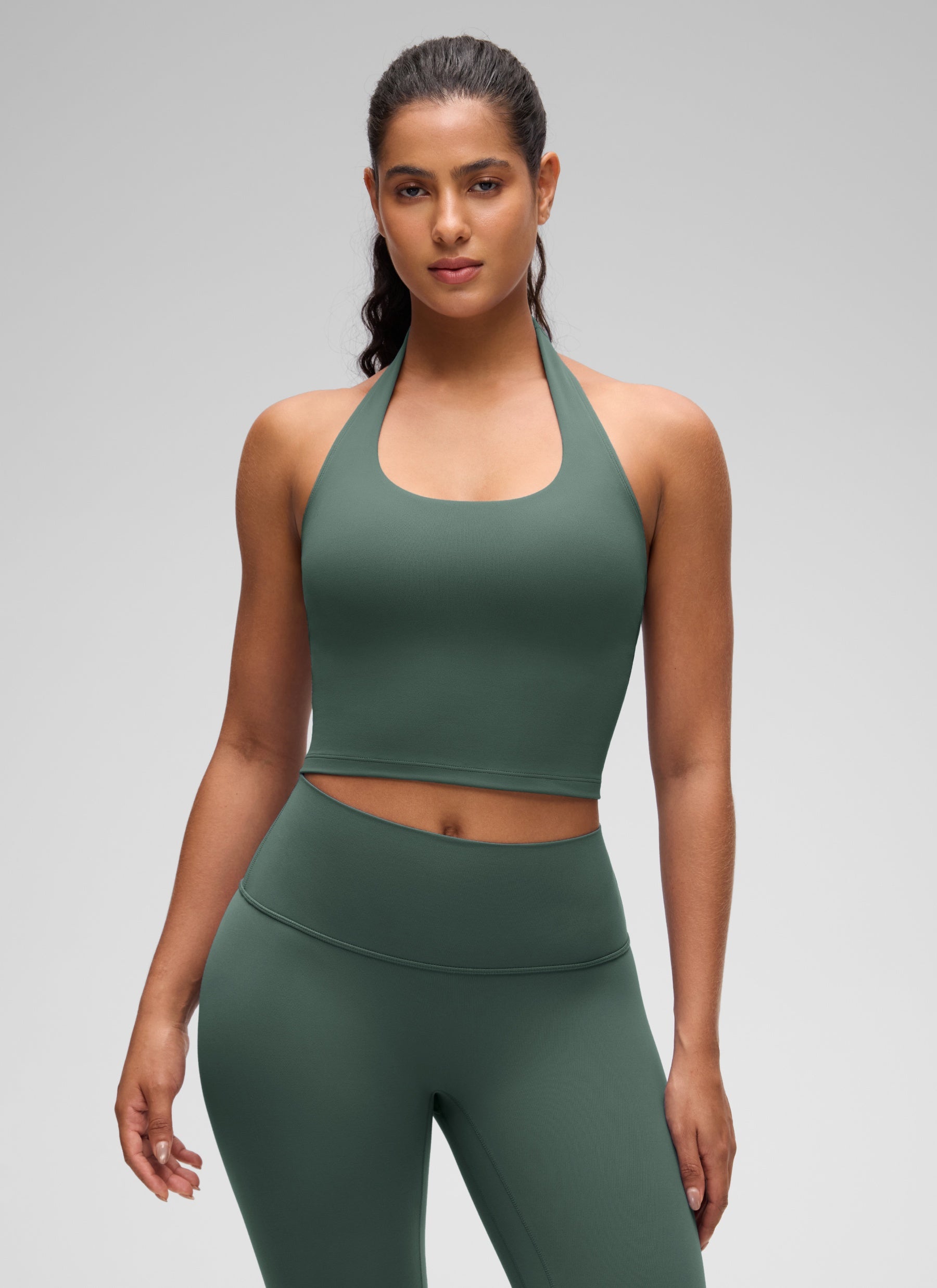 CRZ YOGA Womens Butterluxe Halter Longline Sports Bra Crop Tank Tops Dark Forest Green
