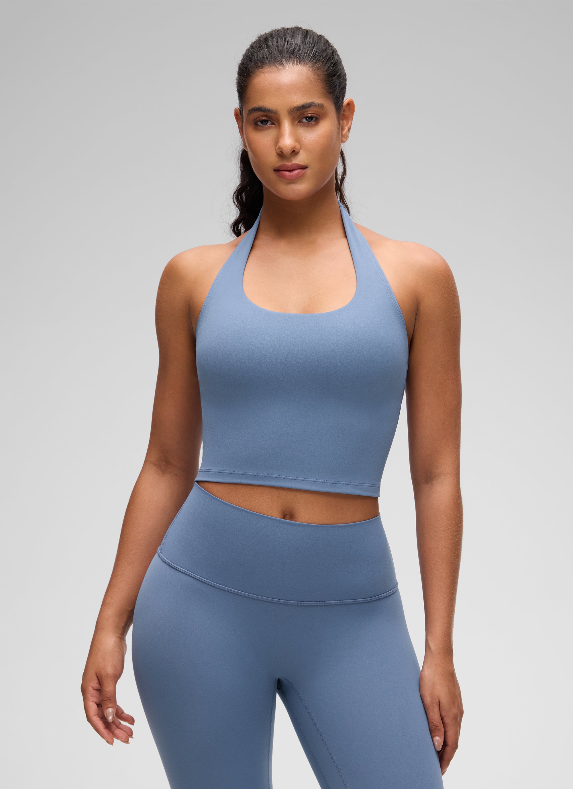 CRZ YOGA Womens Butterluxe Halter Longline Sports Bra Crop Tank Tops Washed Denim