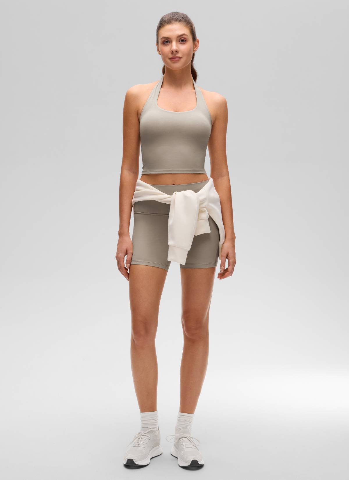 CRZ YOGA Womens Butterluxe Halter Longline Sports Bra Crop Tank Tops Warm Ash Grey