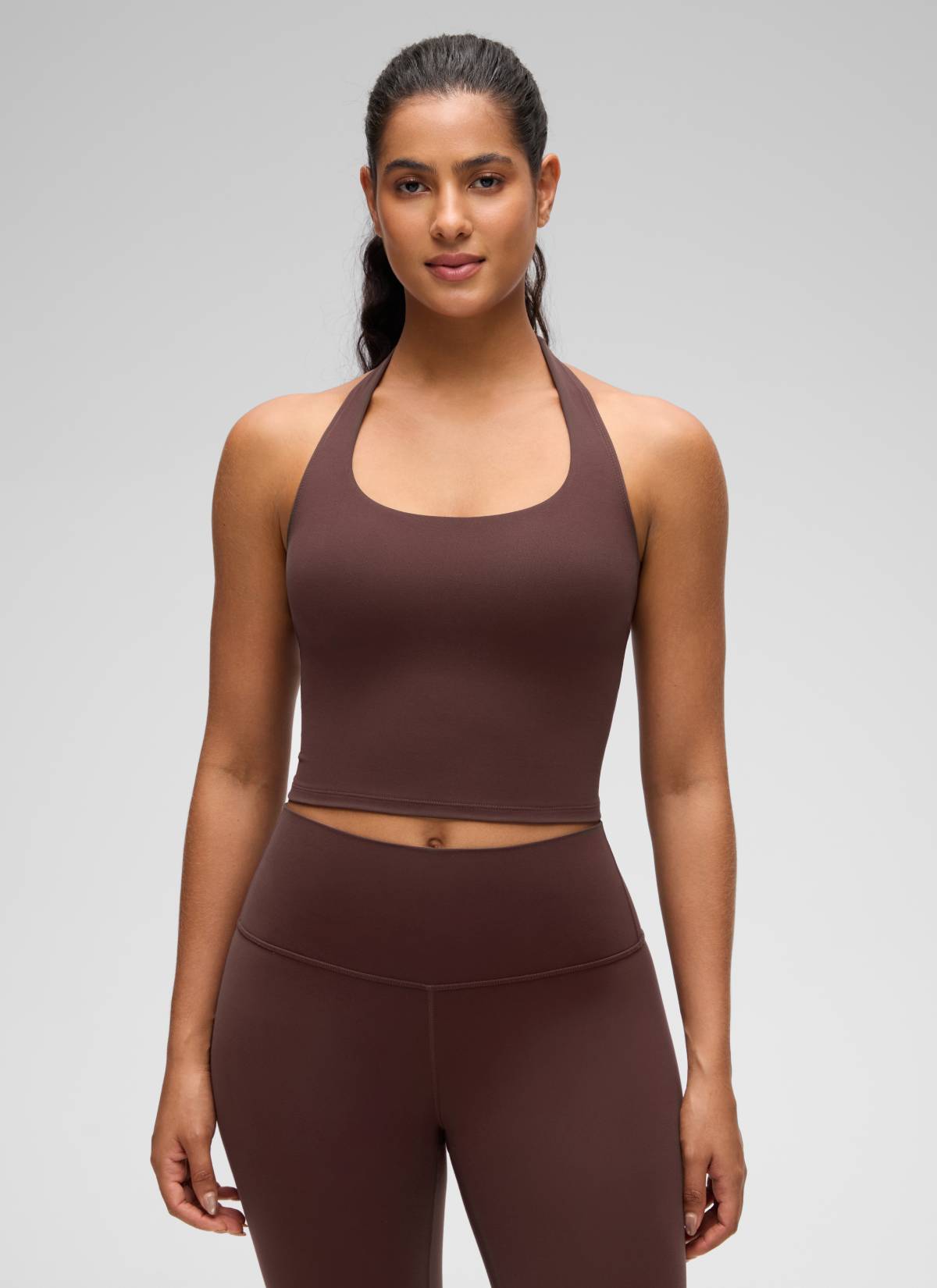 CRZ YOGA Womens Butterluxe Halter Longline Sports Bra Crop Tank Tops Taupe