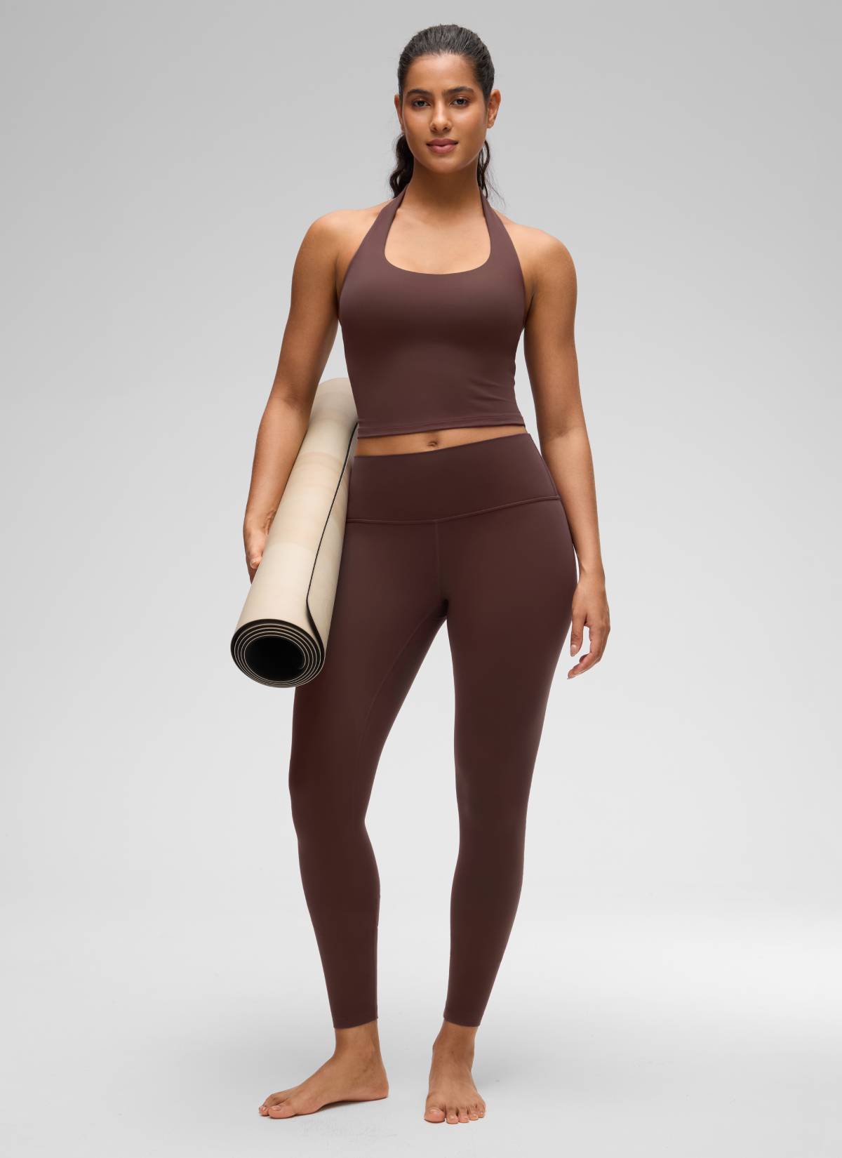 CRZ YOGA Womens Butterluxe Halter Longline Sports Bra Crop Tank Tops Taupe