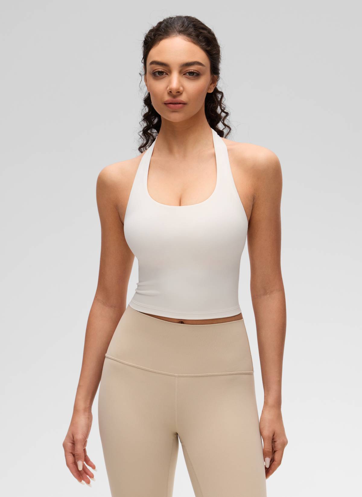 CRZ YOGA Womens Butterluxe Halter Longline Sports Bra Crop Tank Tops White Apricot