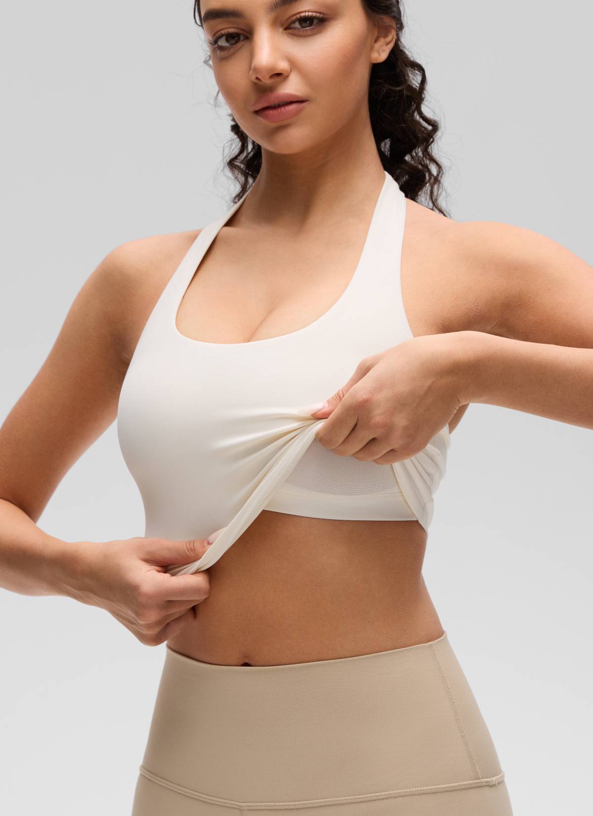 CRZ YOGA Womens Butterluxe Halter Longline Sports Bra Crop Tank Tops White Apricot