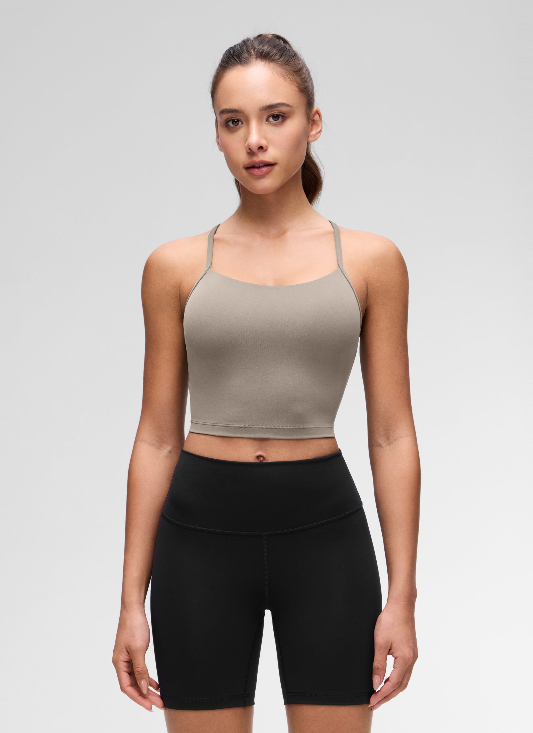 CRZ YOGA Womens Butterluxe Y Back Longline Sports Bras Crop Tank Top Warm Ash Grey