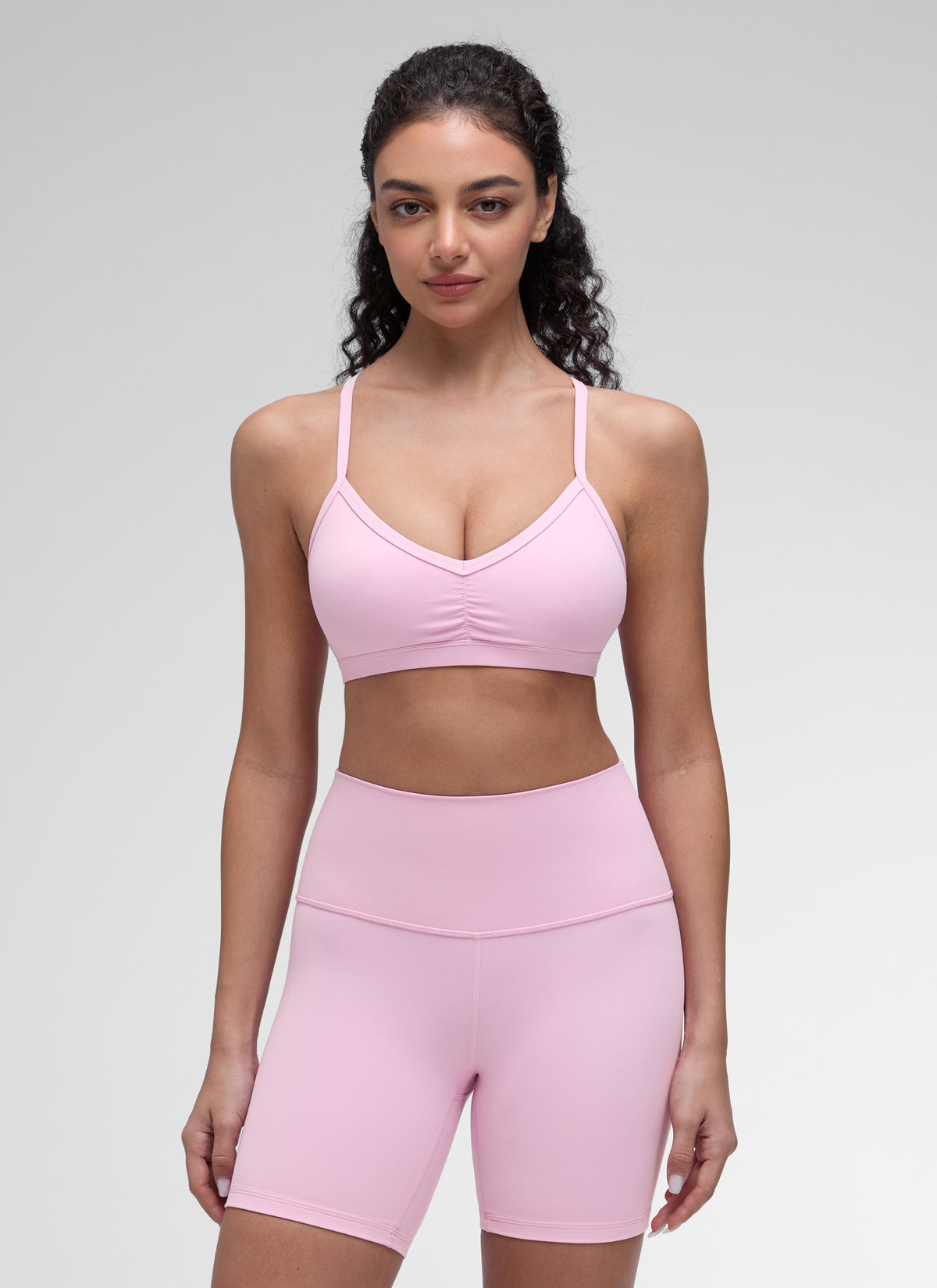 CRZ YOGA Butterluxe Womens Ruched V Neck Yoga Padded Sports Bra Vita Pink @model_info:Anano