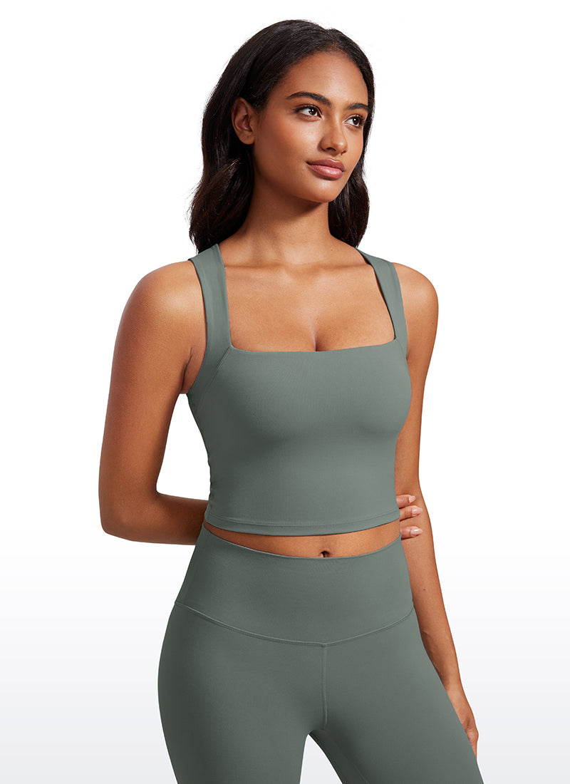 CRZ YOGA Butterluxe Women Longline Square Neck Sport Built in Bra Tank Grey Sage @model_info:Lais
