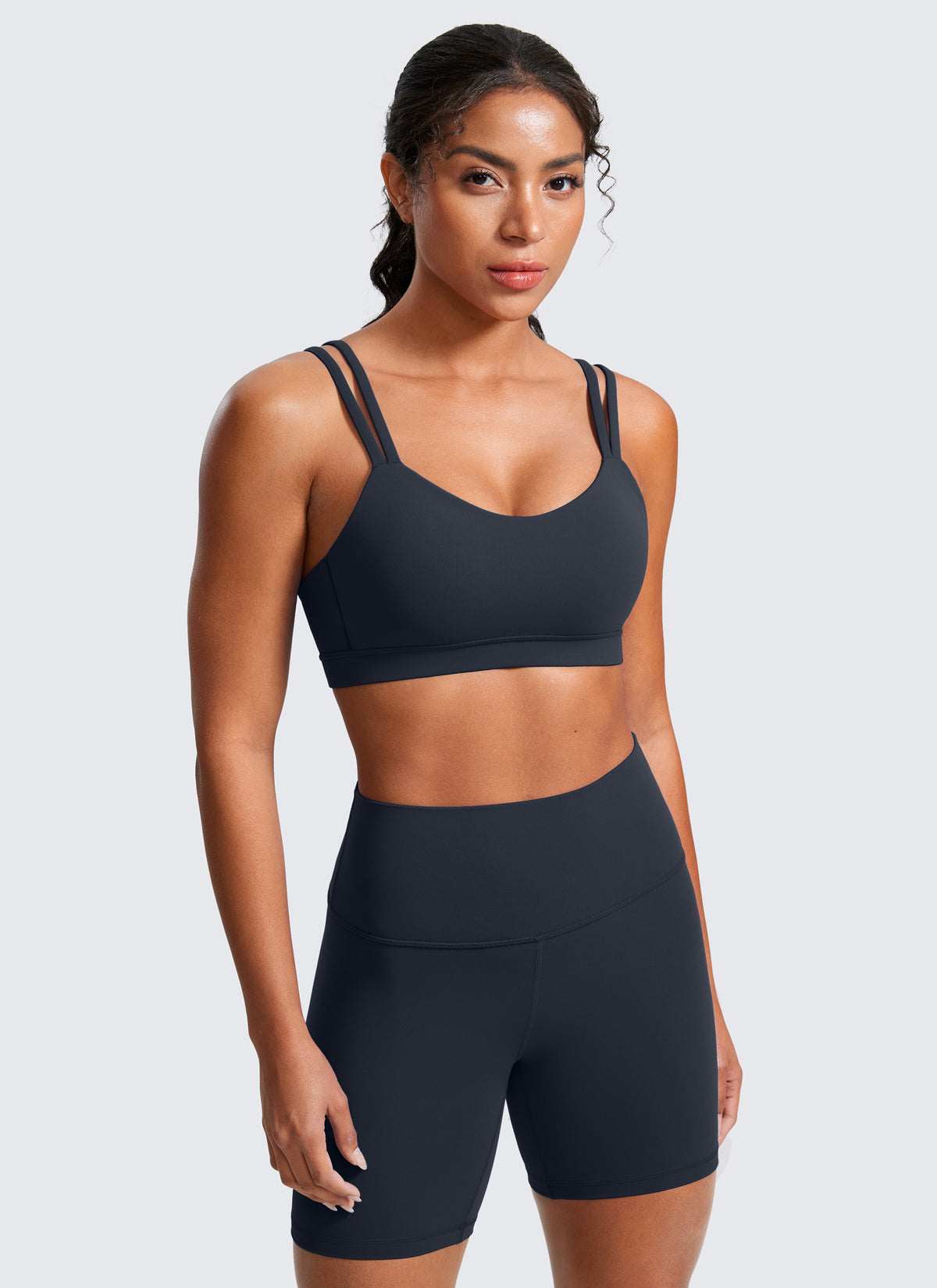 CRZ YOGA Women's Yoga Molded Cup Butterluxe Strappy Bra V Neck True Navy @model_info:Crystal