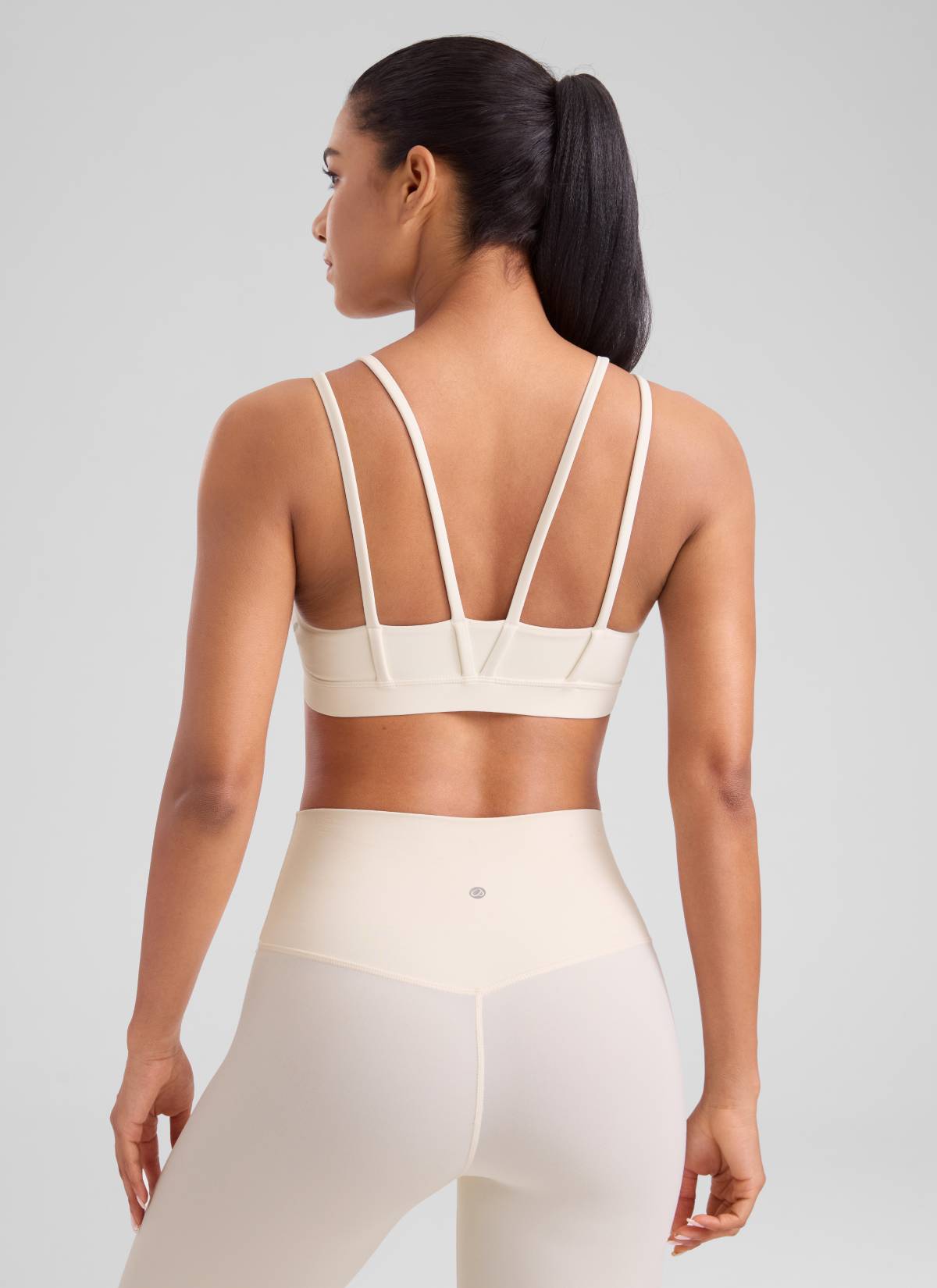CRZ YOGA Women's Yoga Molded Cup Butterluxe Strappy Bra V Neck White Apricot @model_info:Amanda