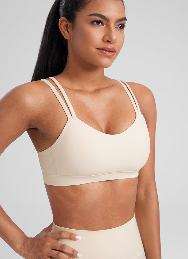 CRZ YOGA Women's Yoga Molded Cup Butterluxe Strappy Bra V Neck White Apricot @model_info:Amanda