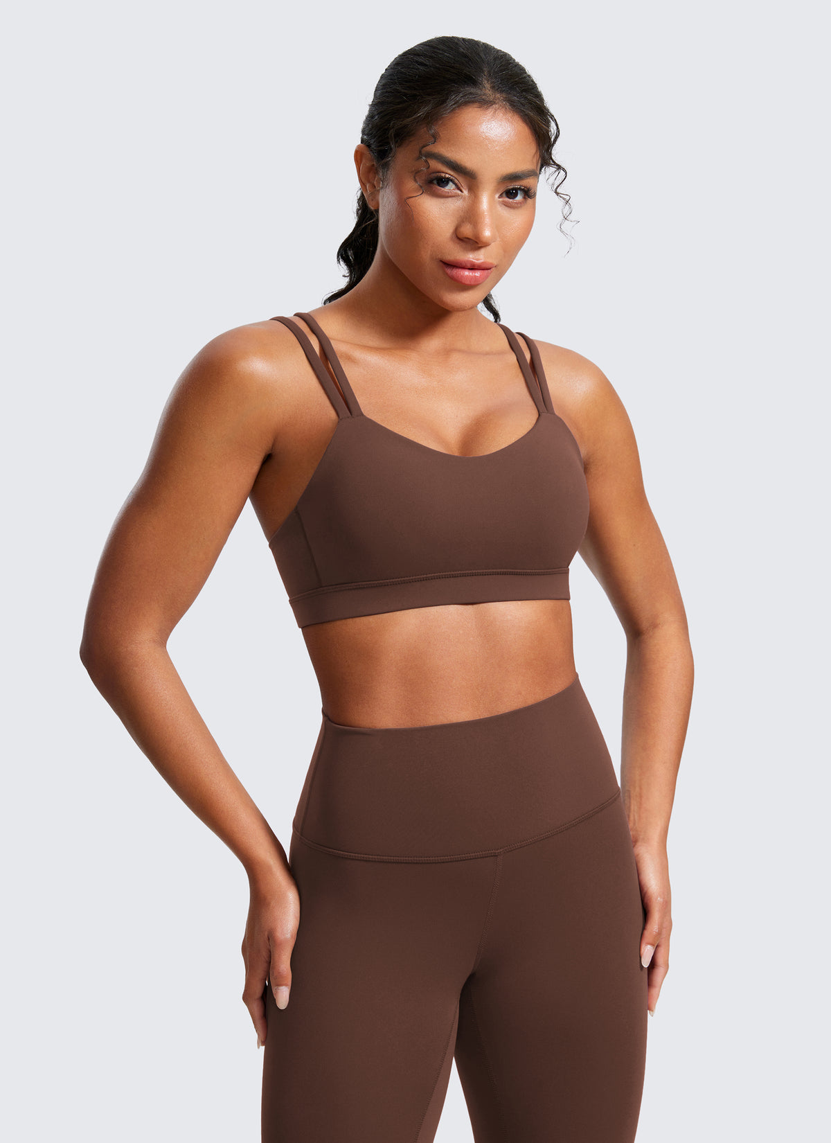 CRZ YOGA Women's Yoga Molded Cup Butterluxe Strappy Bra V Neck Coffee Brown @model_info:Crystal