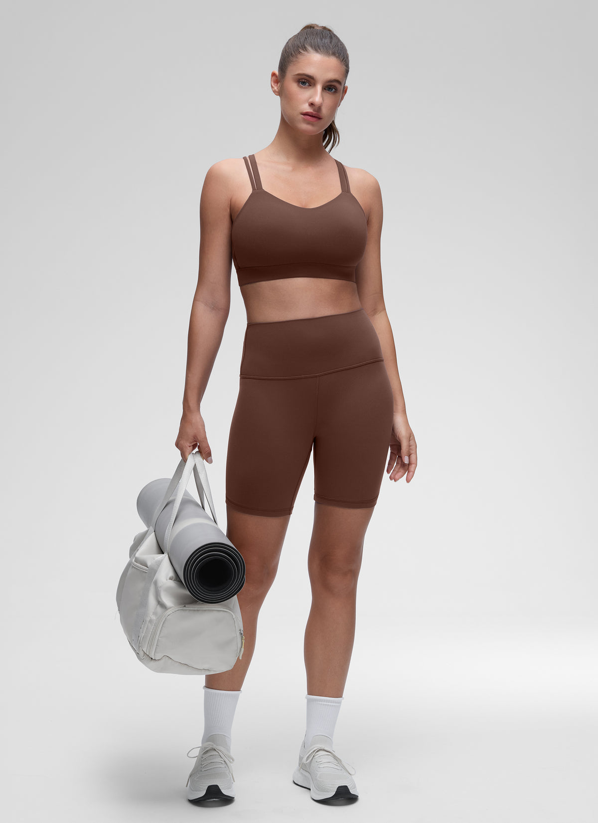 CRZ YOGA Women's Yoga Light Support Double Strap Mold Sport Bra Coffee Brown @model_info:Marina