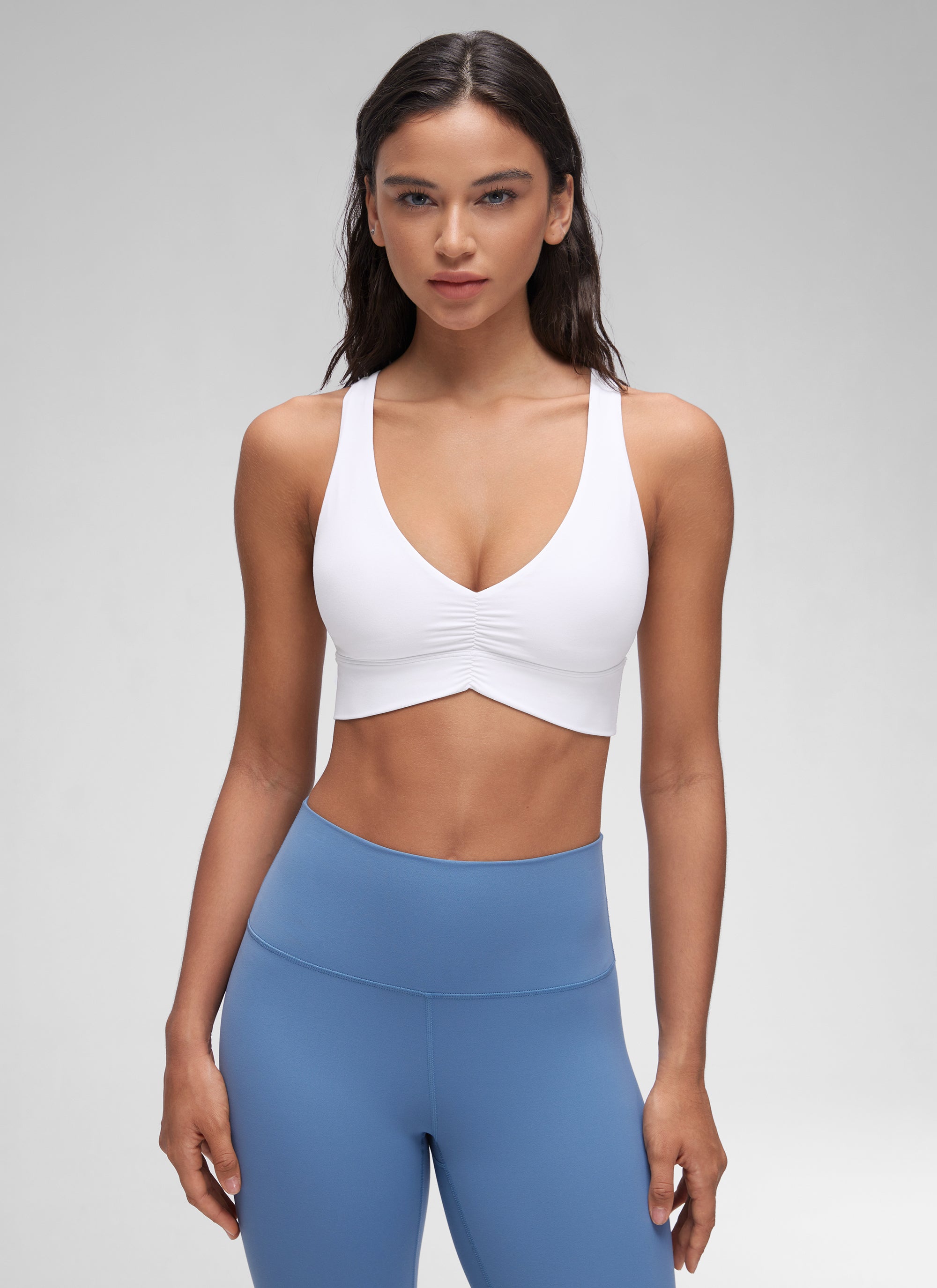 CRZ YOGA Women's Light Support Butterluxe Yoga Bra Ruched V Neck White