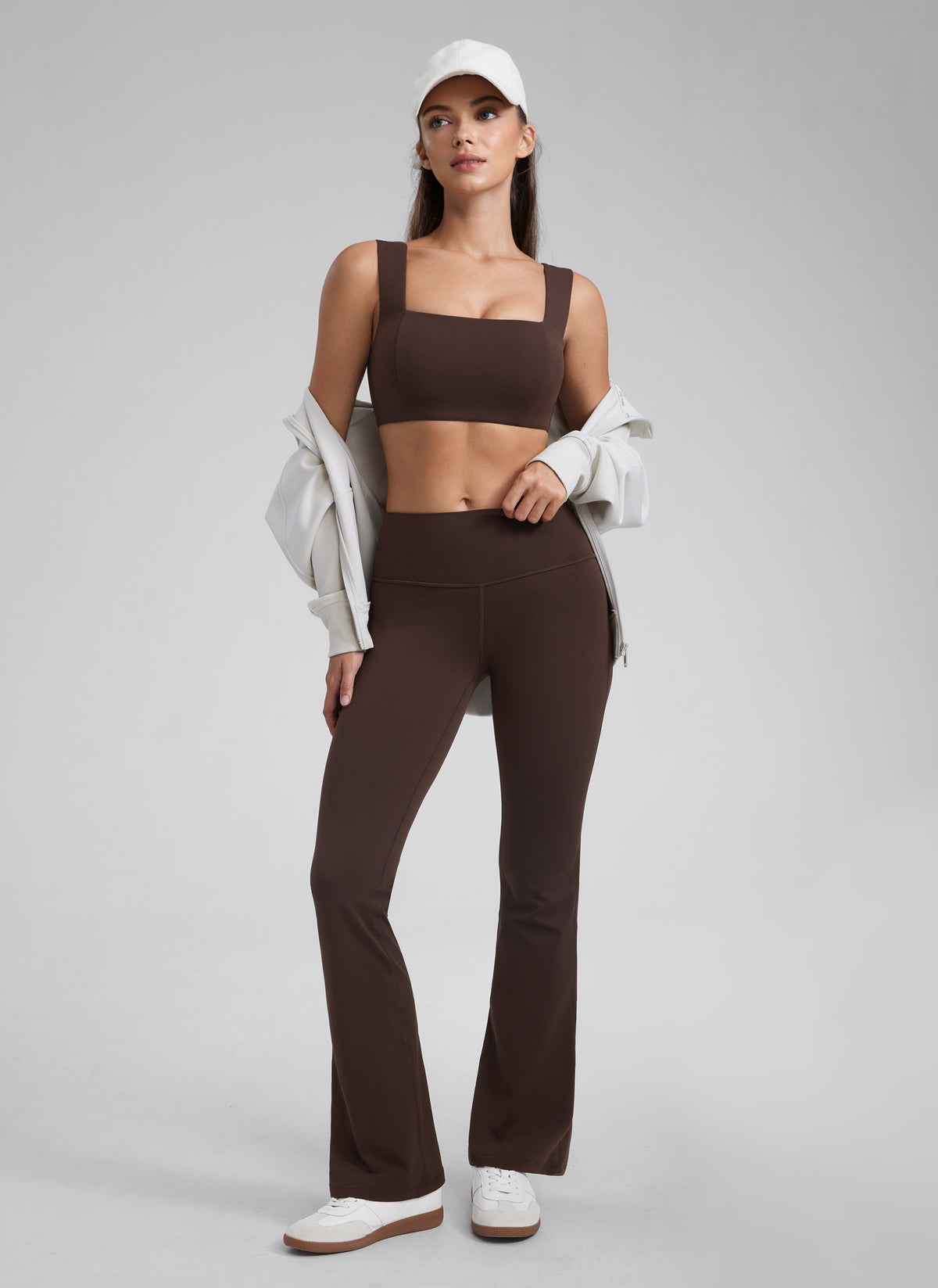 CRZ YOGA Butterluxe Womens Square Neck Open Back Wide straps Sports Bras Hot Fudge Brown @model_info:Kate