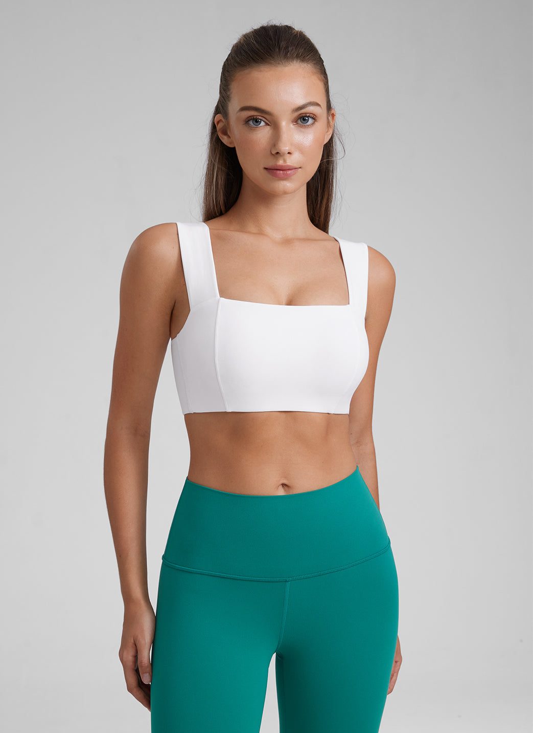 CRZ YOGA Butterluxe Womens Square Neck Open Back Wide straps Sports Bras White @model_info:Kate
