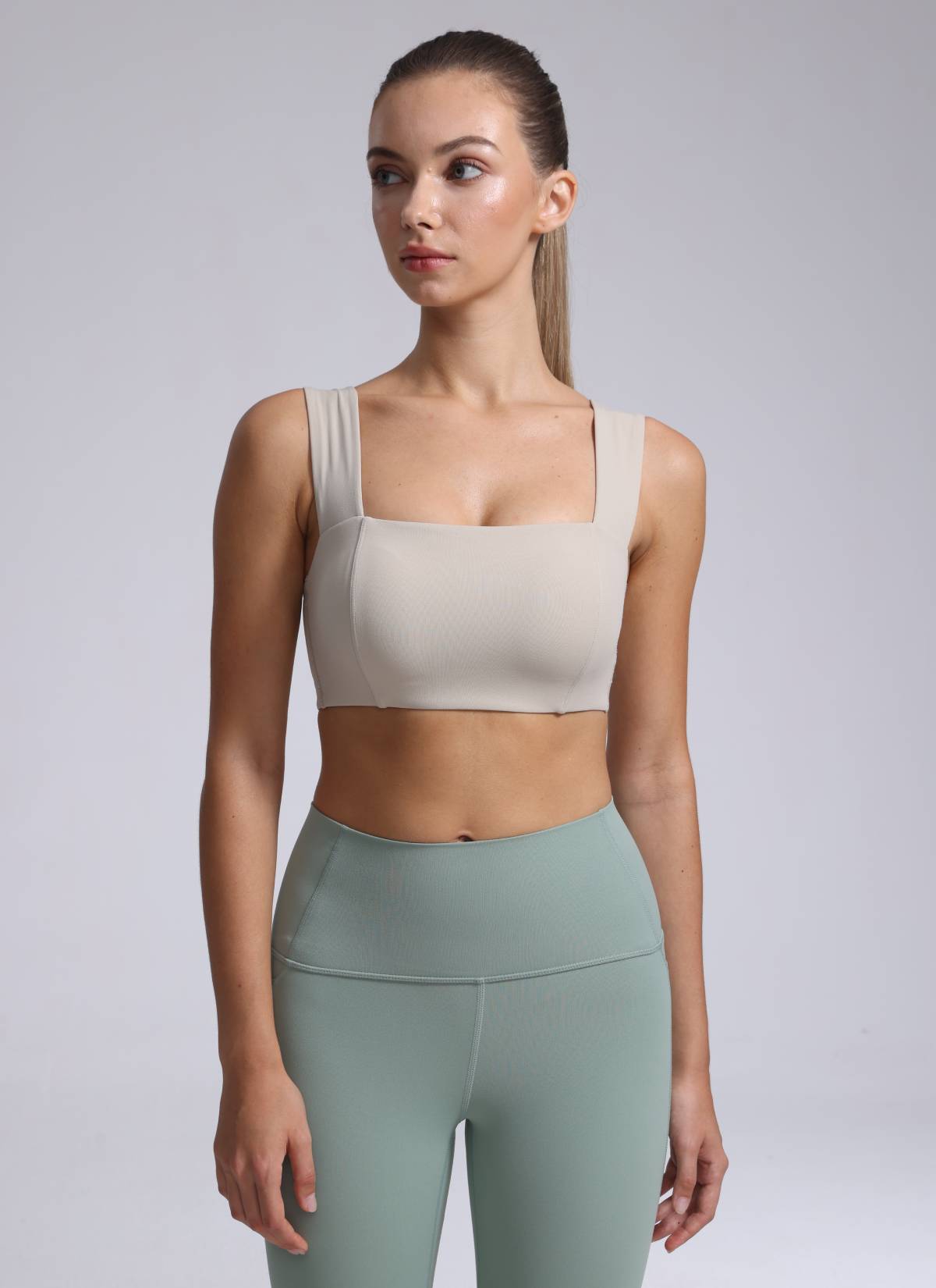 CRZ YOGA Butterluxe Womens Square Neck Open Back Wide straps Sports Bras Mojave Tan @model_info:Kate