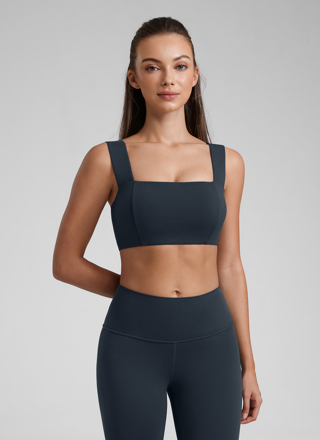 CRZ YOGA Butterluxe Womens Square Neck Open Back Wide straps Sports Bras True Navy @model_info:Kate