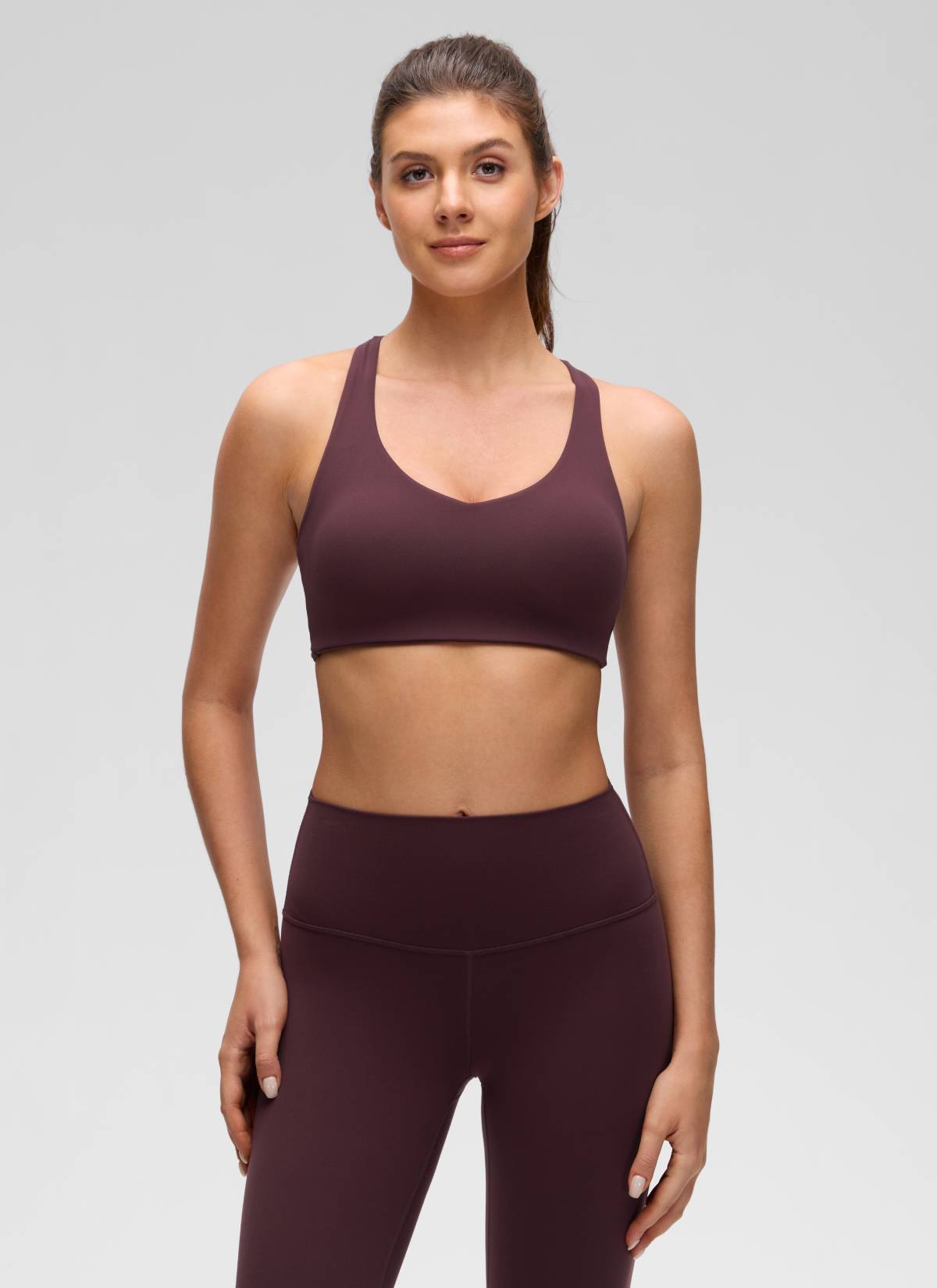 CRZ YOGA Women's Butterluxe Yoga V Neck Strappy Back Sports Bra Ripe Plum @model_info:Gelya