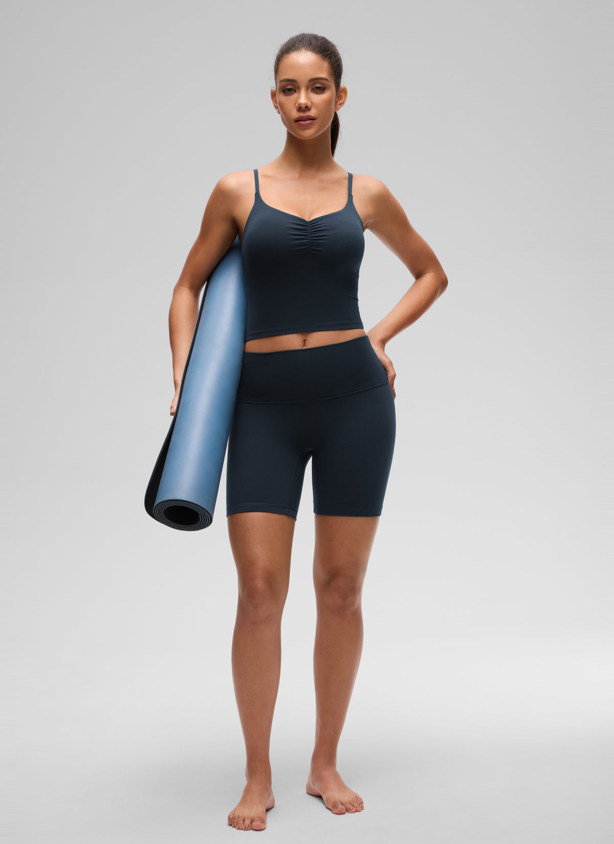 CRZ YOGA Women's Butterluxe Yoga Ruched V Neck U Back Crop Padded Tank True Navy @model_info:E