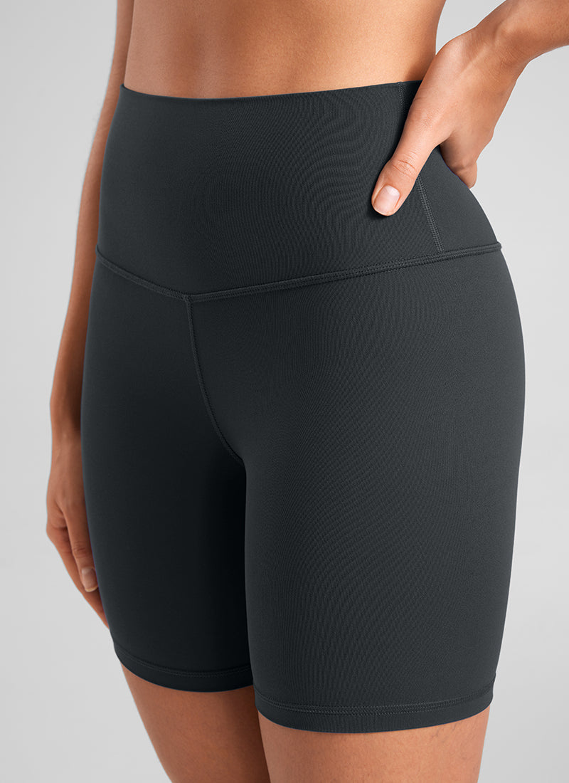 CRZ YOGA Women's Yoga High Rise Biker Shorts Butterluxe Shorts 6'' Melanite @model_info:Fiona