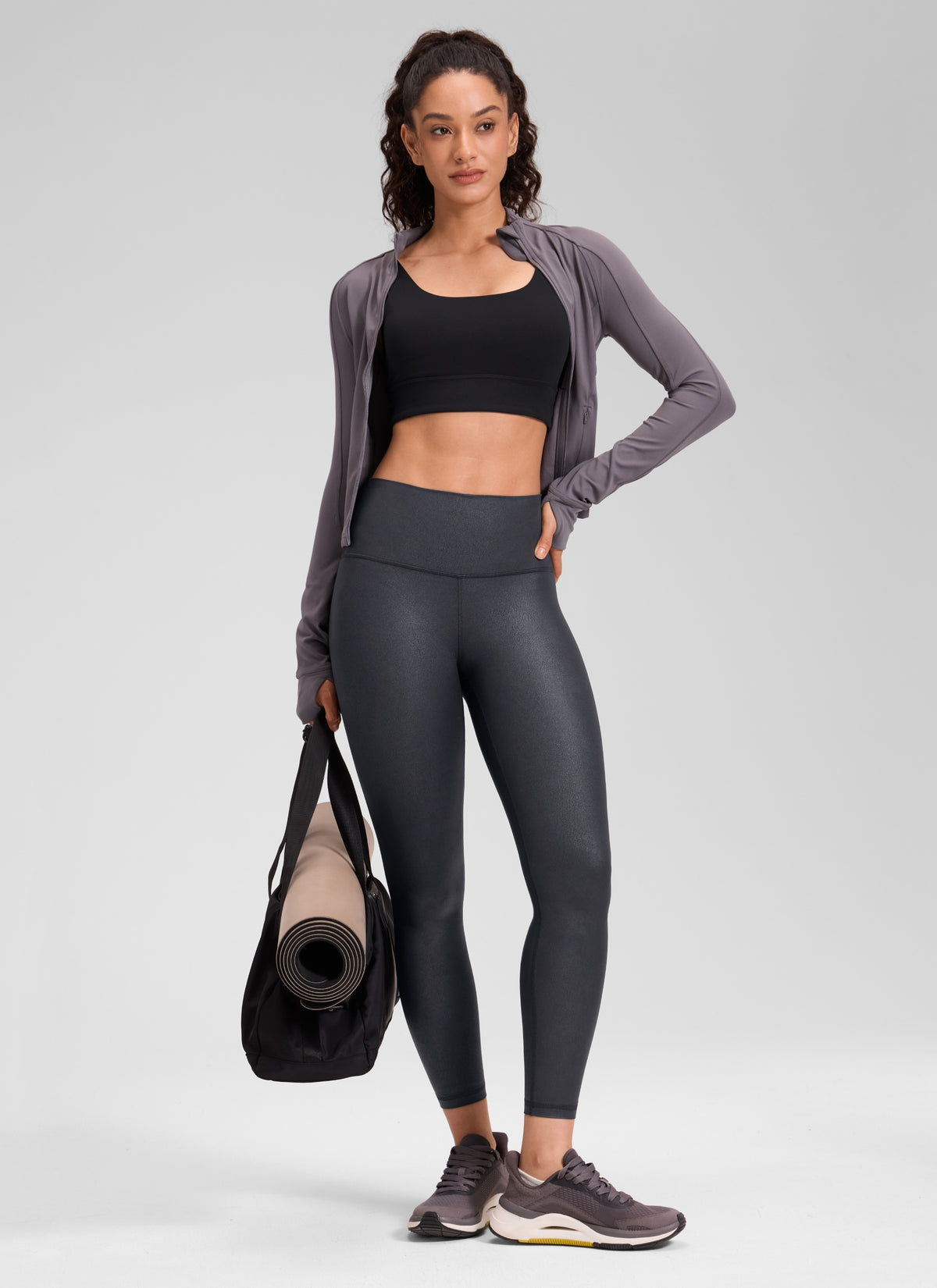 CRZ YOGA Women Butterluxe Matte Faux Leather Leggings 25'' Mysterious Grey Foil Pattern @model_info:Larissa