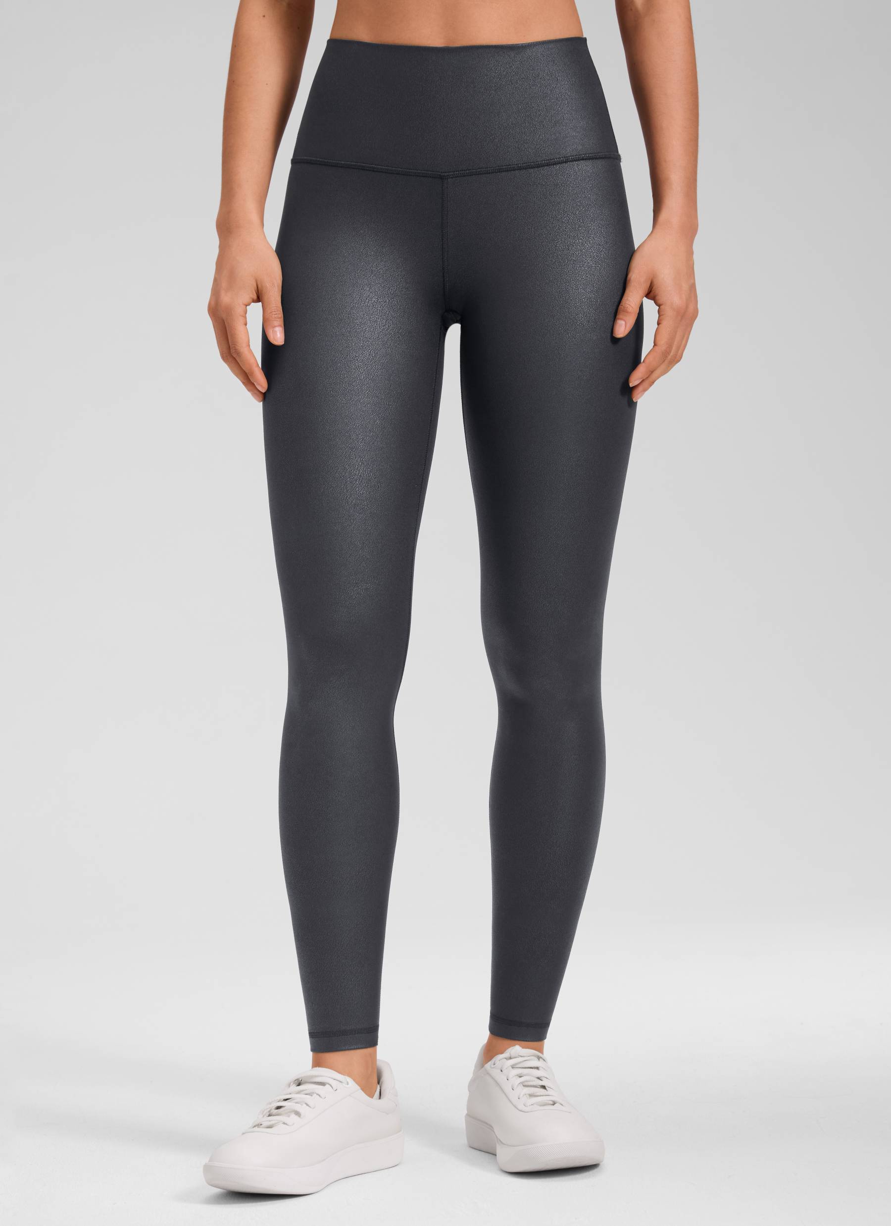 CRZ YOGA Women Butterluxe Matte Faux Leather Leggings 28' Mysterious Grey Foil Pattern @model_info:Larissa