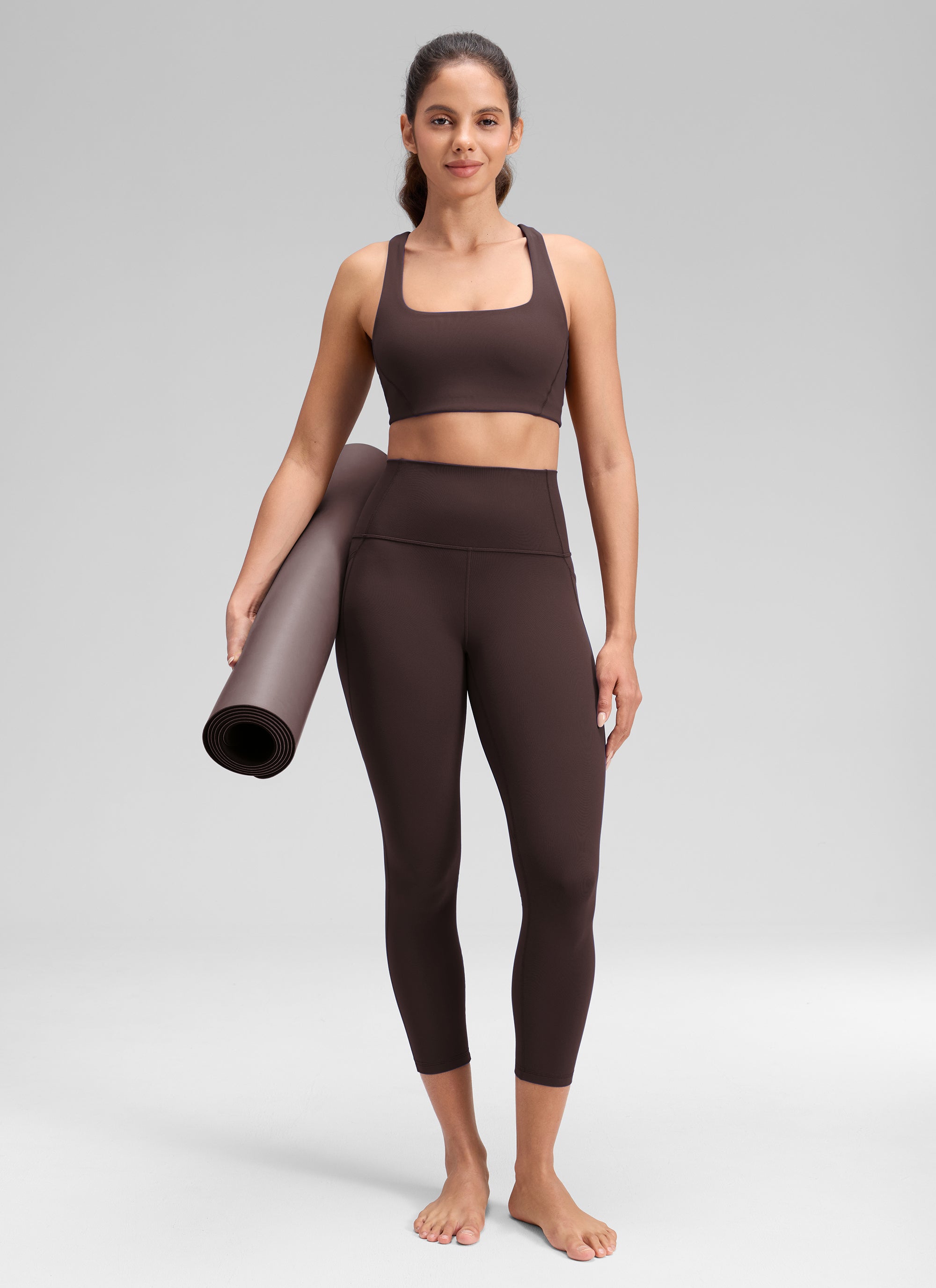 CRZ YOGA - ليغينغز نسائي بخصر Butterluxe وجيوب Butterluxe بطول كابري 23 بوصة، لون بني داكن