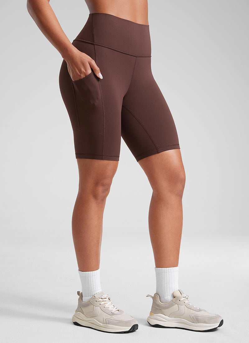 CRZ YOGA Women's Yoga High Rise Biker Butterluxe Pockets Shorts 8'' Taupe @model_info:Crystal