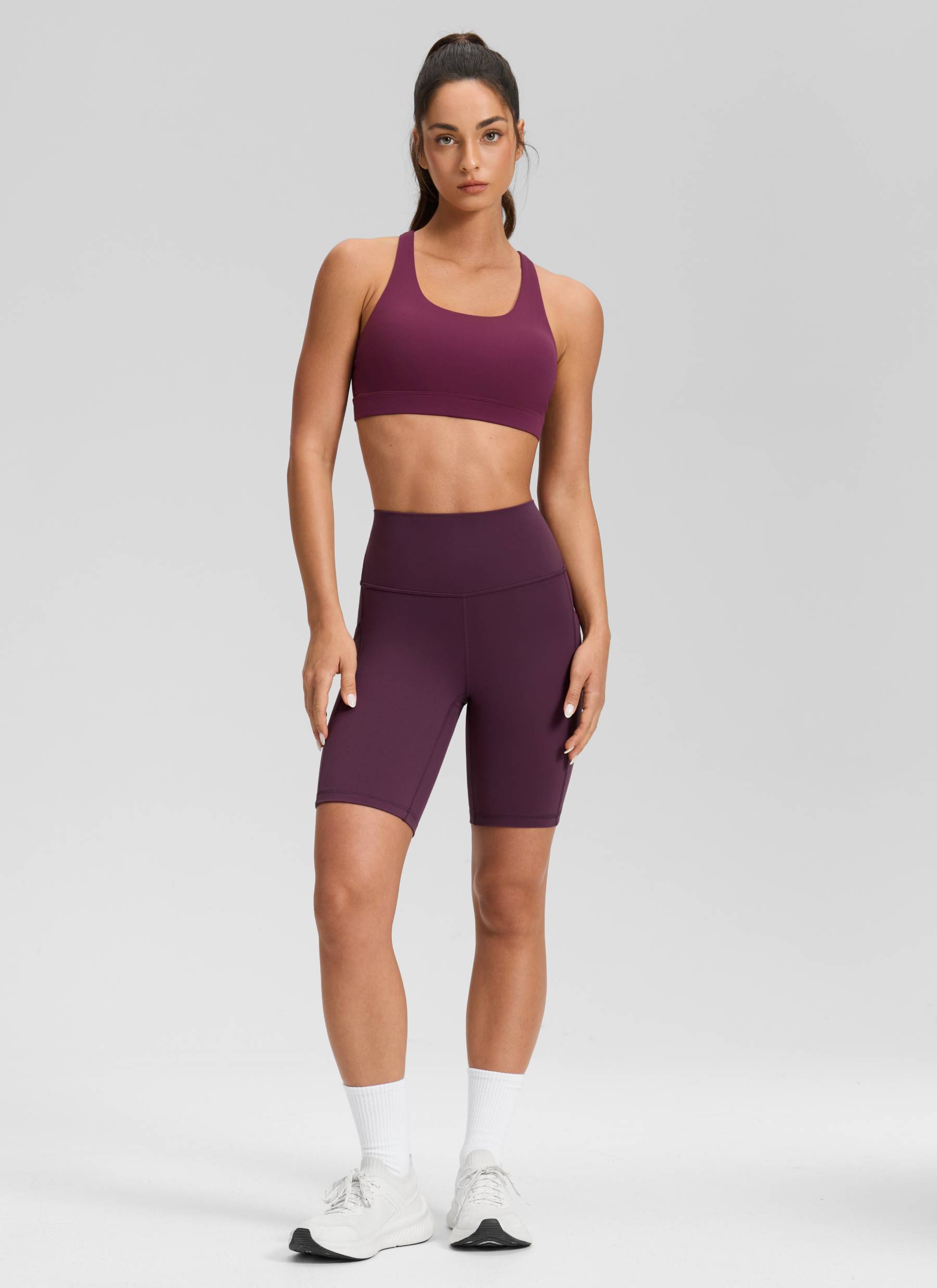 شورت يوغا نسائي من CRZ YOGA بخصر مرتفع وتصميم بايكر Butterluxe بطول 8 بوصات، لون أرجواني غامق