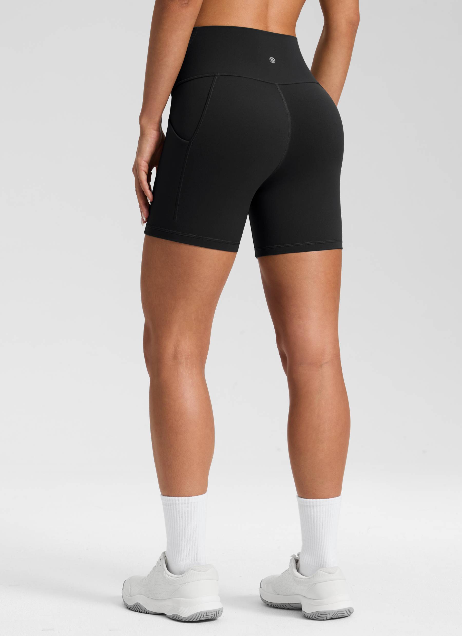CRZ YOGA Women's Yoga High Rise Biker Butterluxe Pockets Shorts 5'' Black @model_info:Isidora