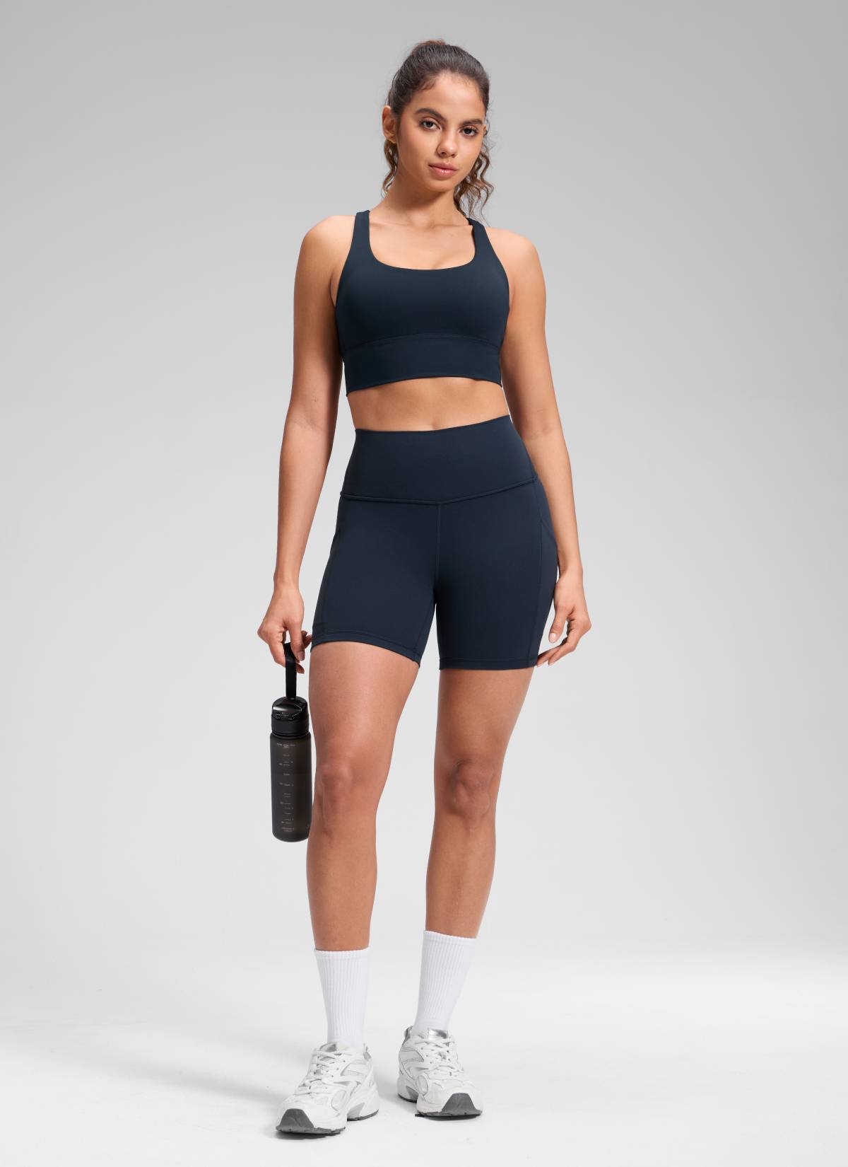 CRZ YOGA Women's Yoga High Rise Biker Butterluxe Pockets Shorts 5'' True Navy @model_info:Dany