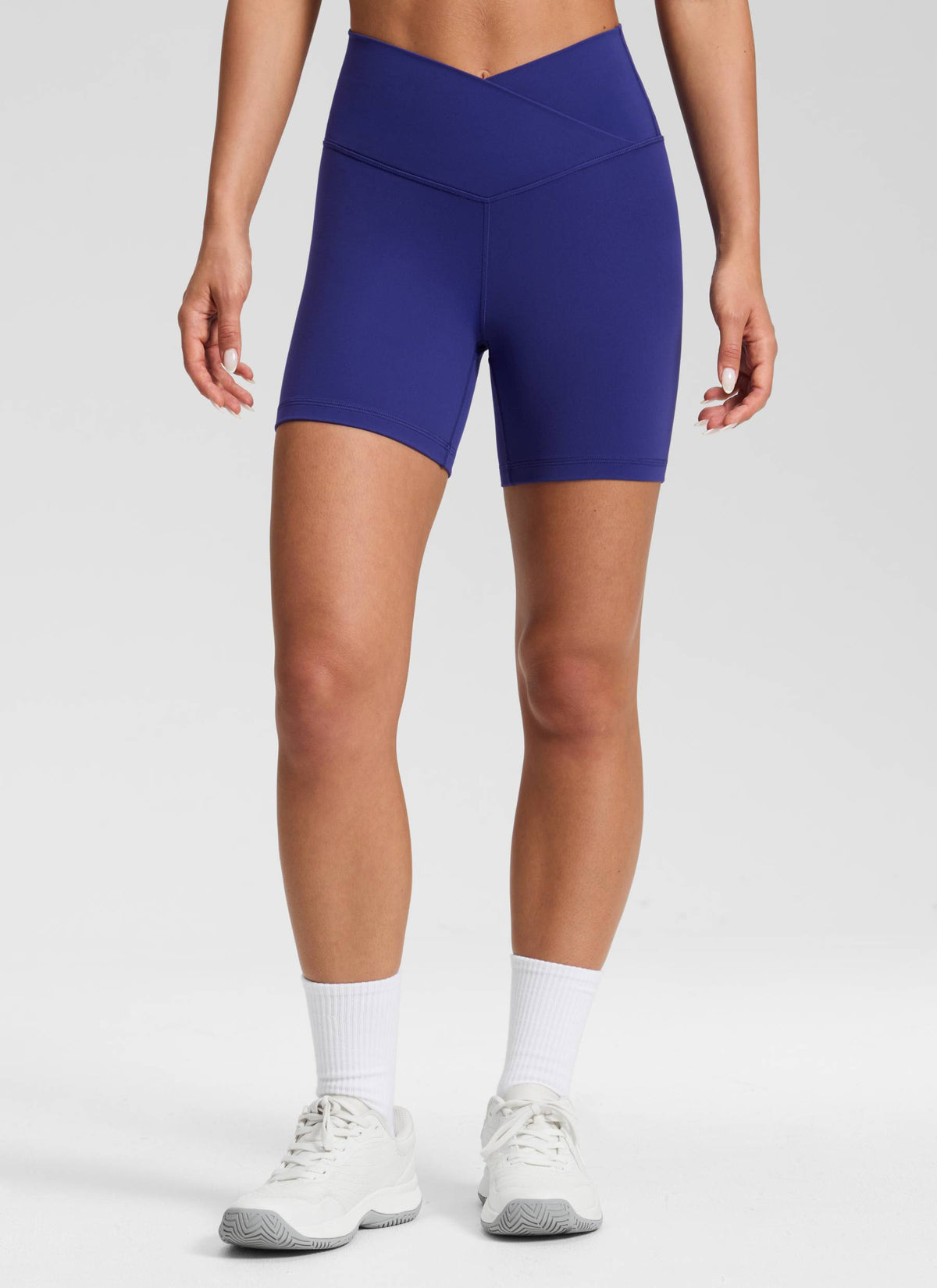 CRZ YOGA Women's High Rise Butterluxe V Cross Waist Biker Shorts 5'' Larkspur Blue @model_info:Isidora