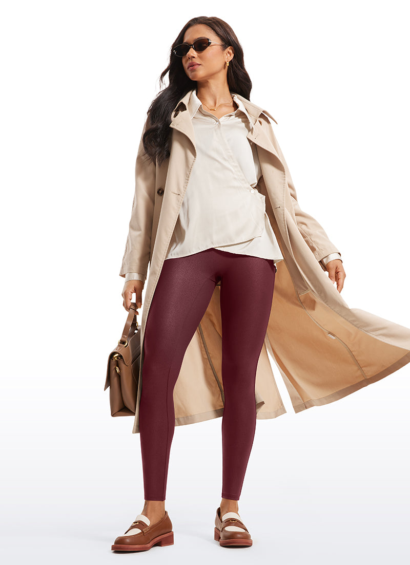 CRZ YOGA Women Butterluxe Matte Faux Leather No Front Seam Leggings 28'' Red Merlot Foil Pattern @model_info:Amanda