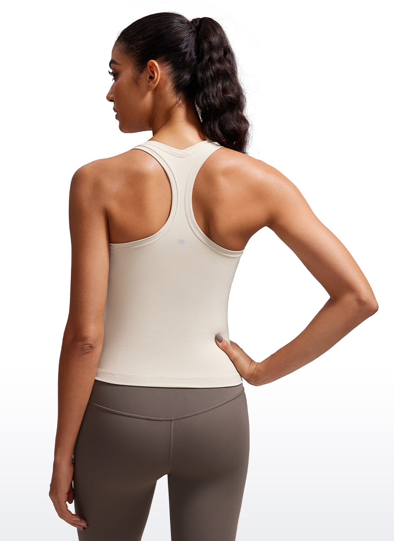 CRZ YOGA Women's Yoga Tight Fit Butterluxe Crewneck Tank Top Racerback Mojave Tan @model_info:Amanda