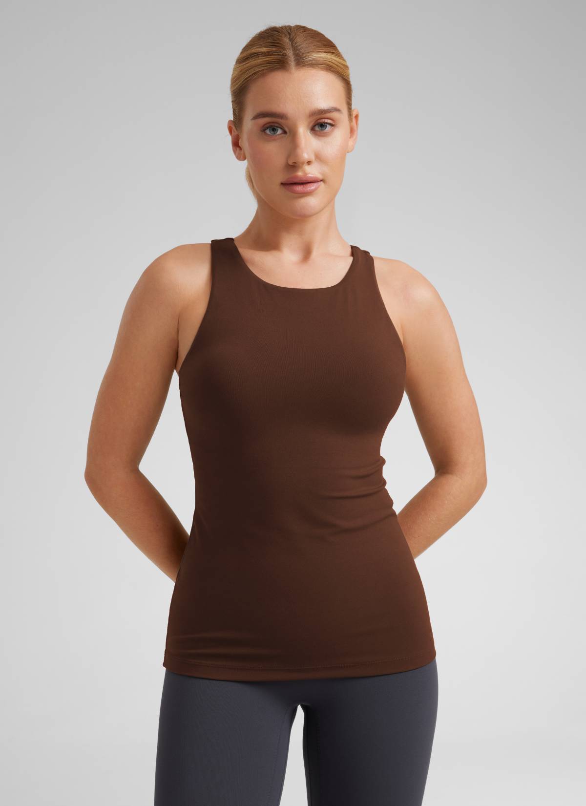 CRZ YOGA Women's Yoga Slim Fit Top Butterluxe Tank Racerback High Neck Lava Brown @model_info:LIka