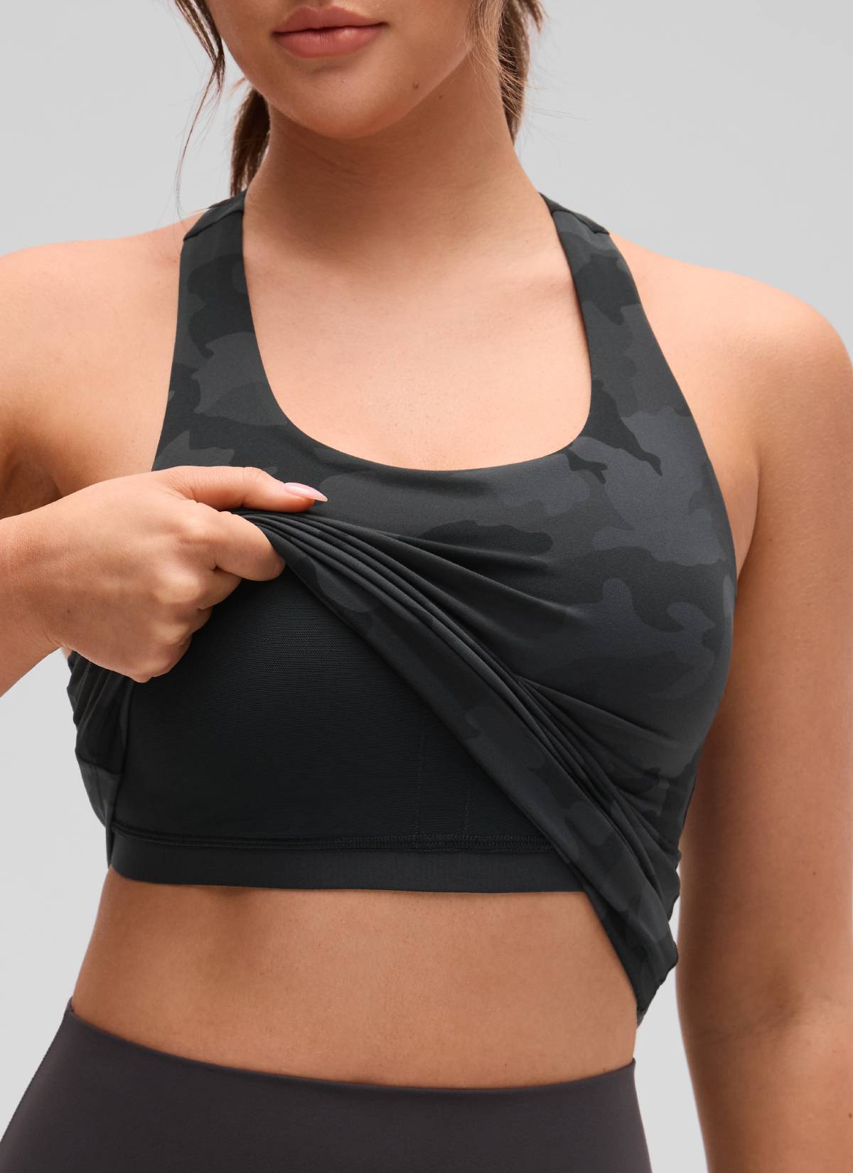 CRZ YOGA Women's Yoga Tight Fit Tops Butterluxe Built-in Bra Tank Dark Grey Camouflage 2