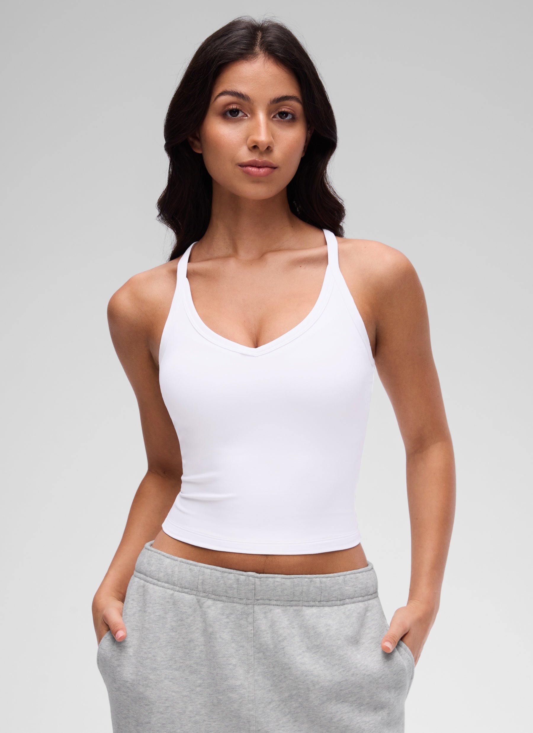 CRZ YOGA Women's Butterluxe Soft Double Lined V Neck Racerback Tanks White
