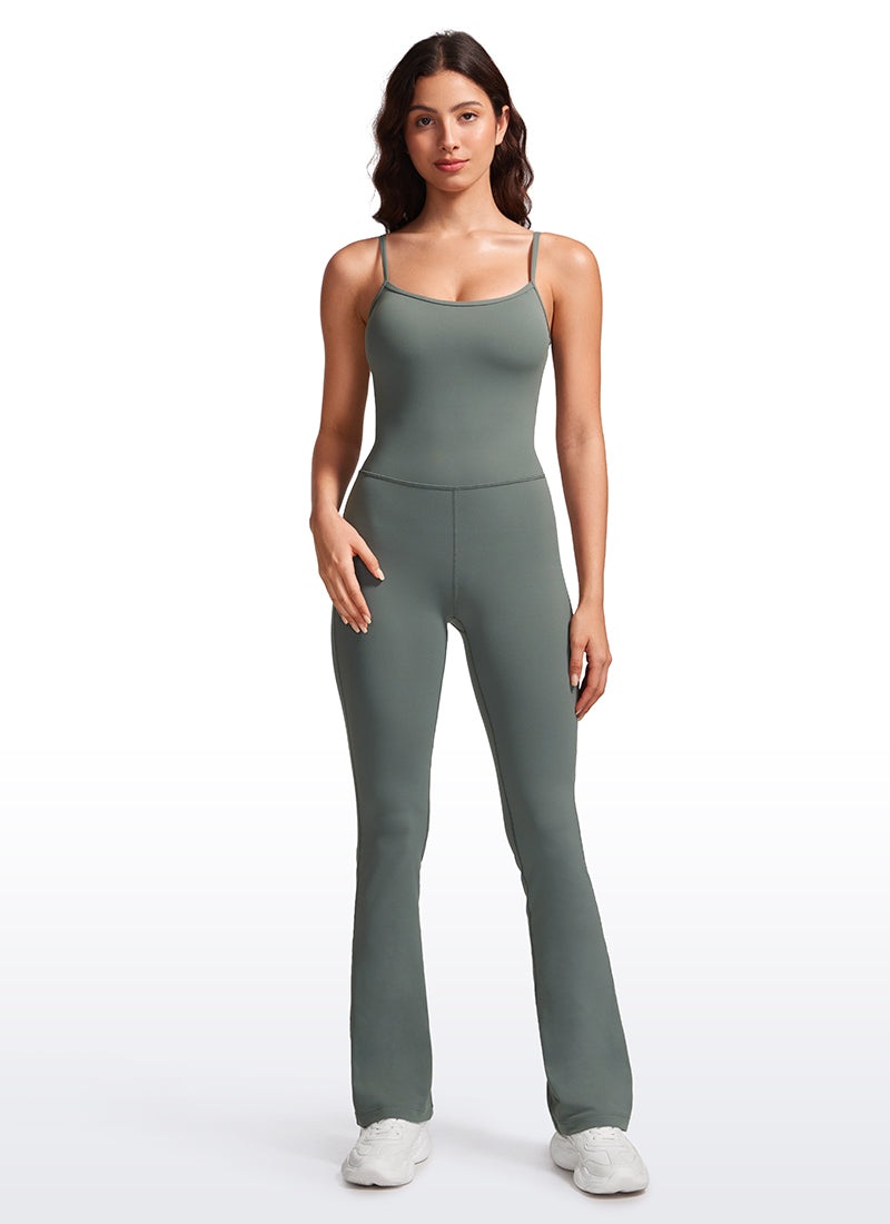CRZ YOGA Women's Yoga Tight Fit Flare Jumpsuits Build-in Bra Bodysuits Grey Sage @model_info:Maysa