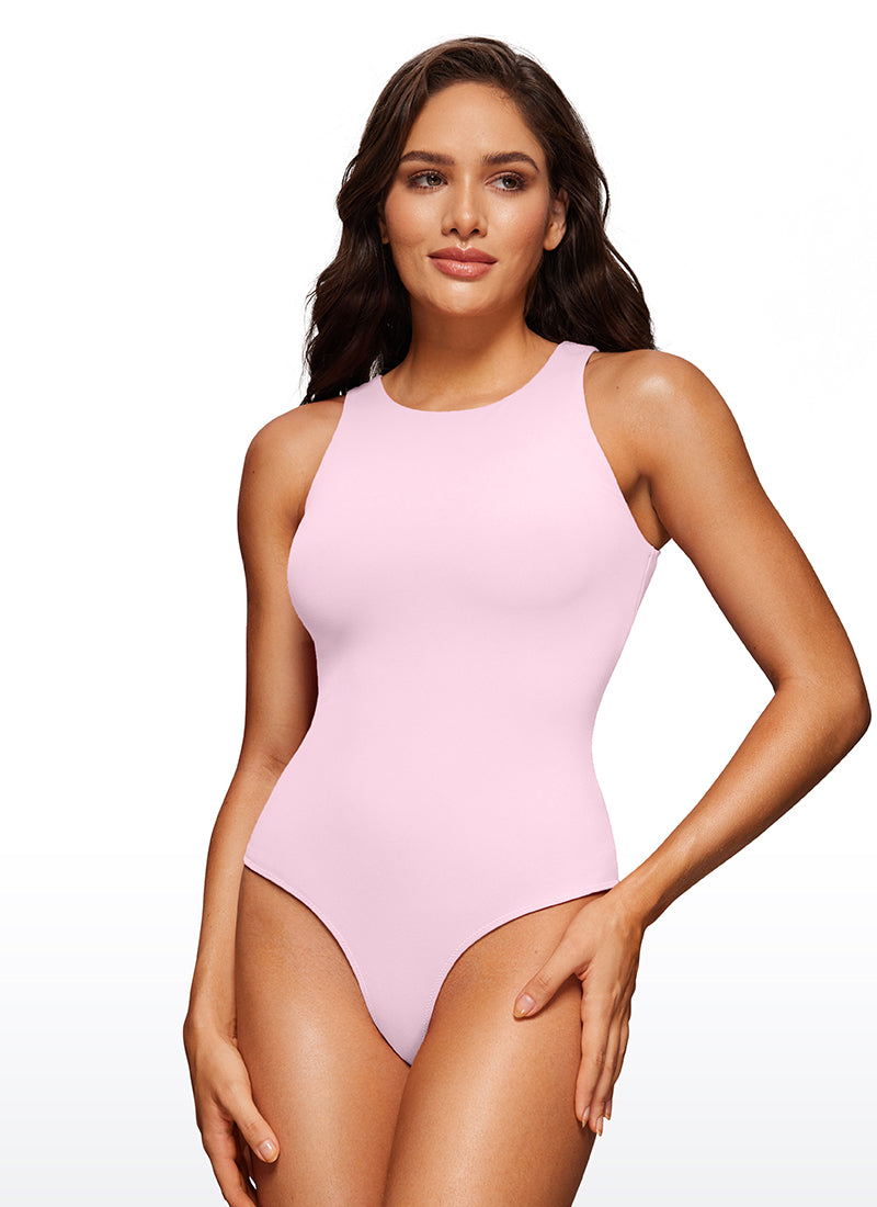 CRZ YOGA Women's Yoga Tight Fit High Neck Racerback Bodysuits Pink Peony @model_info:Ce