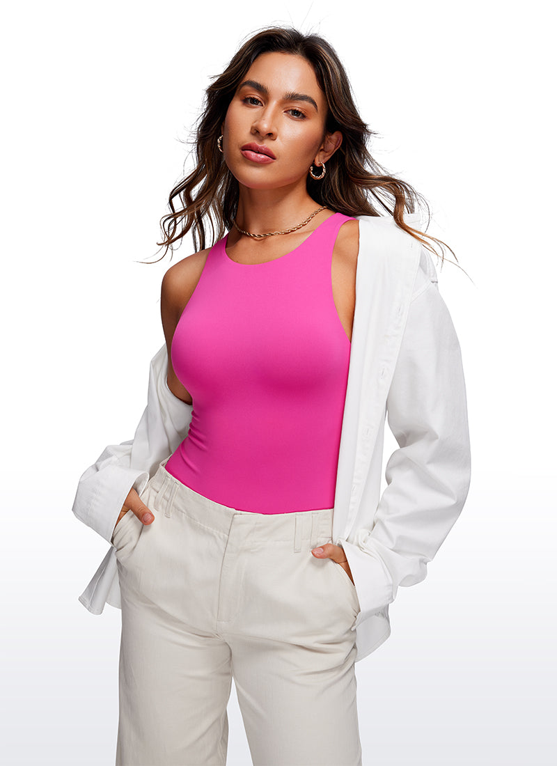 CRZ YOGA Women's Yoga Tight Fit High Neck Racerback Bodysuits Hibiscus Purple @model_info:Joy