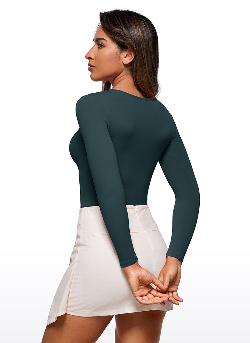 CRZ YOGA Women's Yoga Tight Fit Crew Neck Long Sleeves Bodysuits Forest Dark Green @model_info:Joy