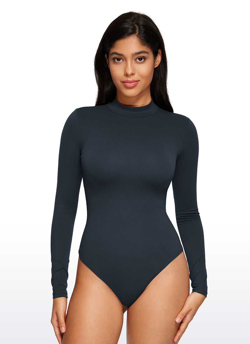 CRZ YOGA Women's Yoga Tight Fit Mock Turtleneck Long Sleeves Bodysuits True Navy @model_info:Vic